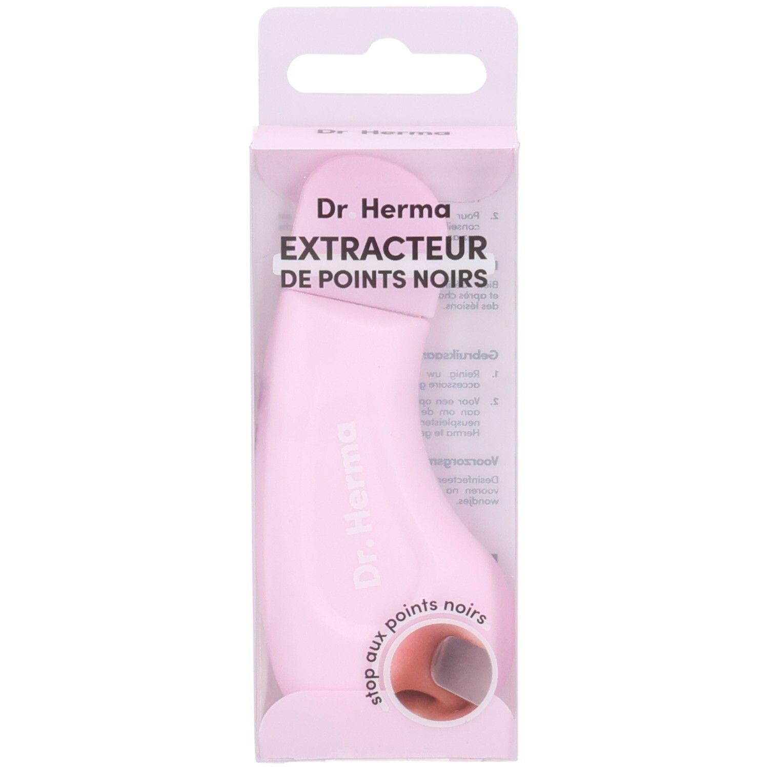 Roze mee-eterverwijderaar in verpakking. Zichtbaar: merknaam Dr. Herma en productnaam.