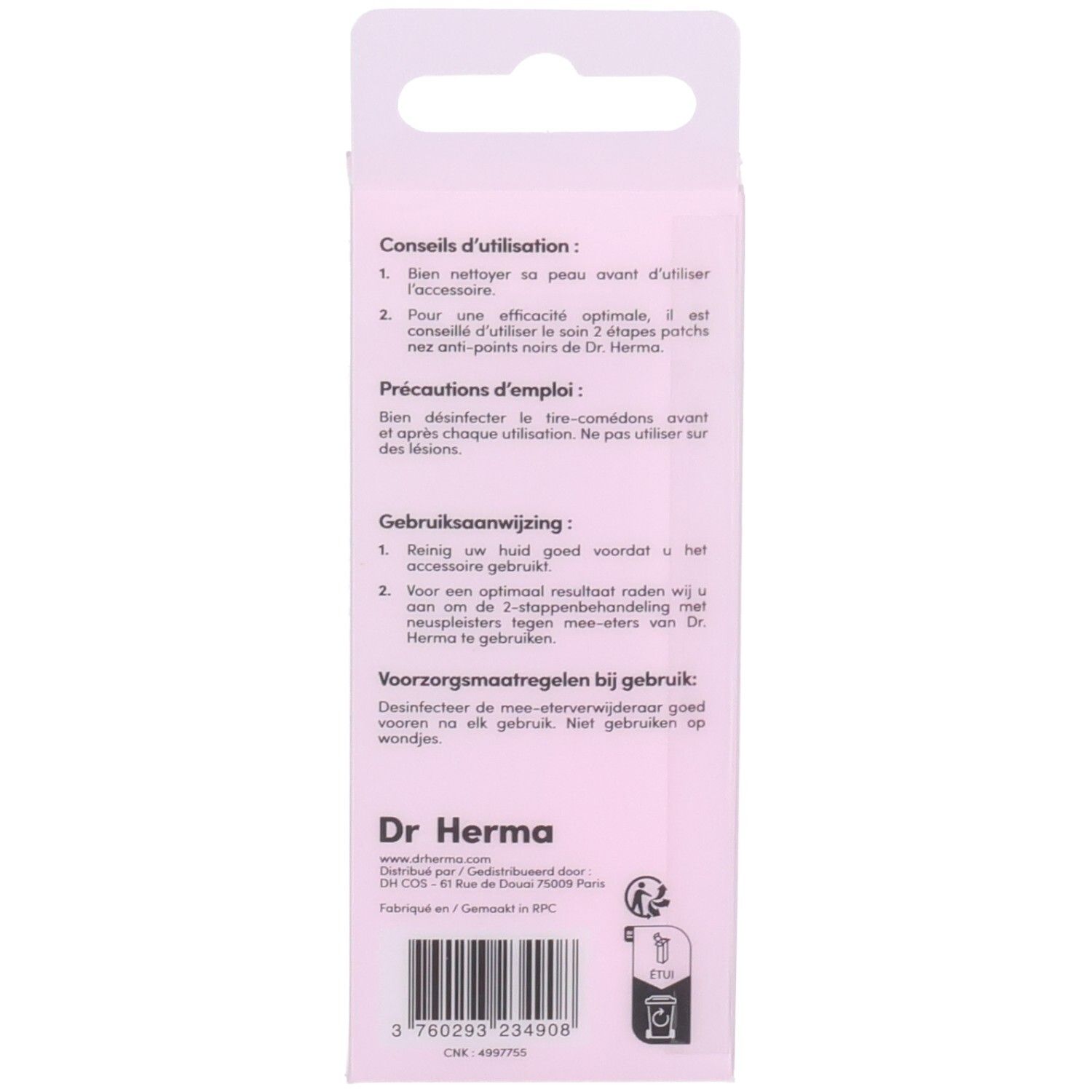 Achterkant van de productverpakking. Tekst in het Frans en Nederlands. Merknaam Dr. Herma.