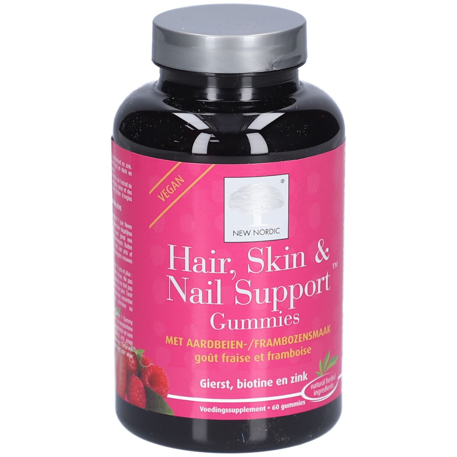 Flacon noir avec étiquette rose. Inscription: Hair, Skin & Nail Support Gummies. Vegan. Goût fraise-framboise.