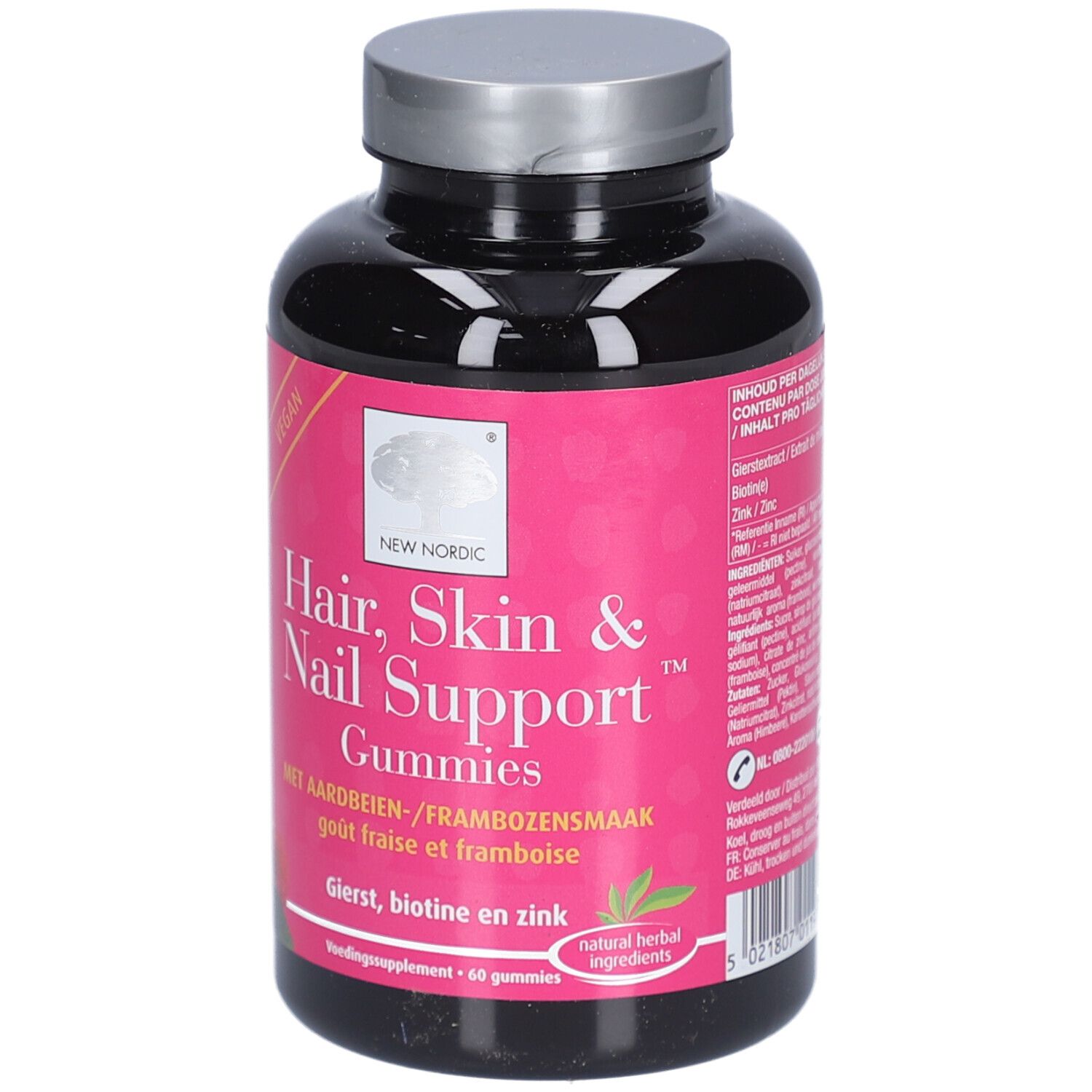 Flacon noir avec étiquette rose. Inscription: Hair, Skin & Nail Support Gummies. Vegan. Goût fraise-framboise.