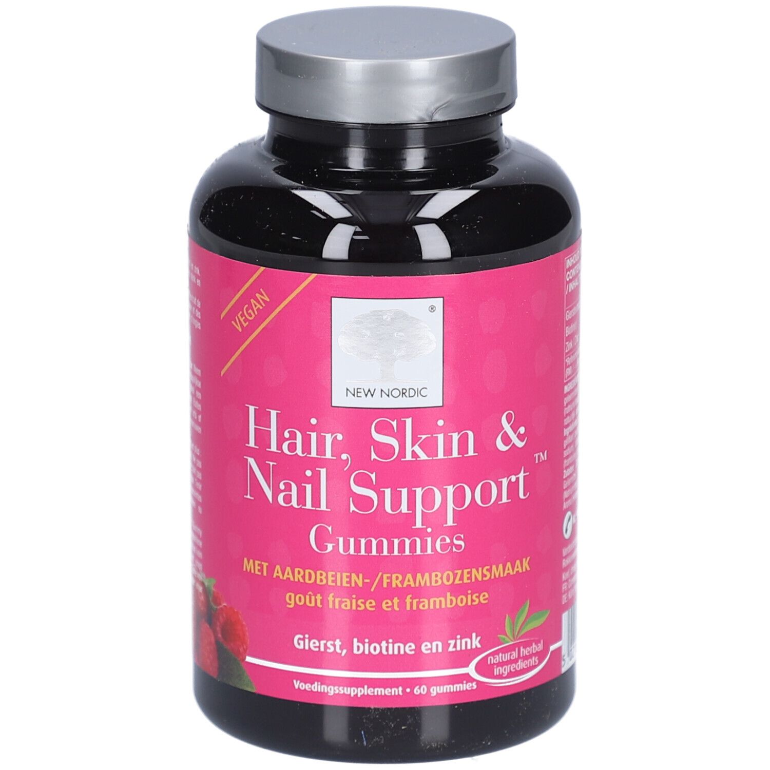 Flacon noir avec étiquette rose. Inscription: Hair, Skin & Nail Support Gummies. Vegan. Goût fraise-framboise.