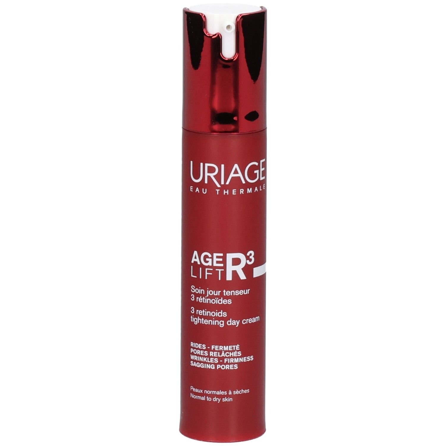 Bouteille rouge avec pompe argentée. Uriage Age Lift R3 Crème Jour Tenseur.