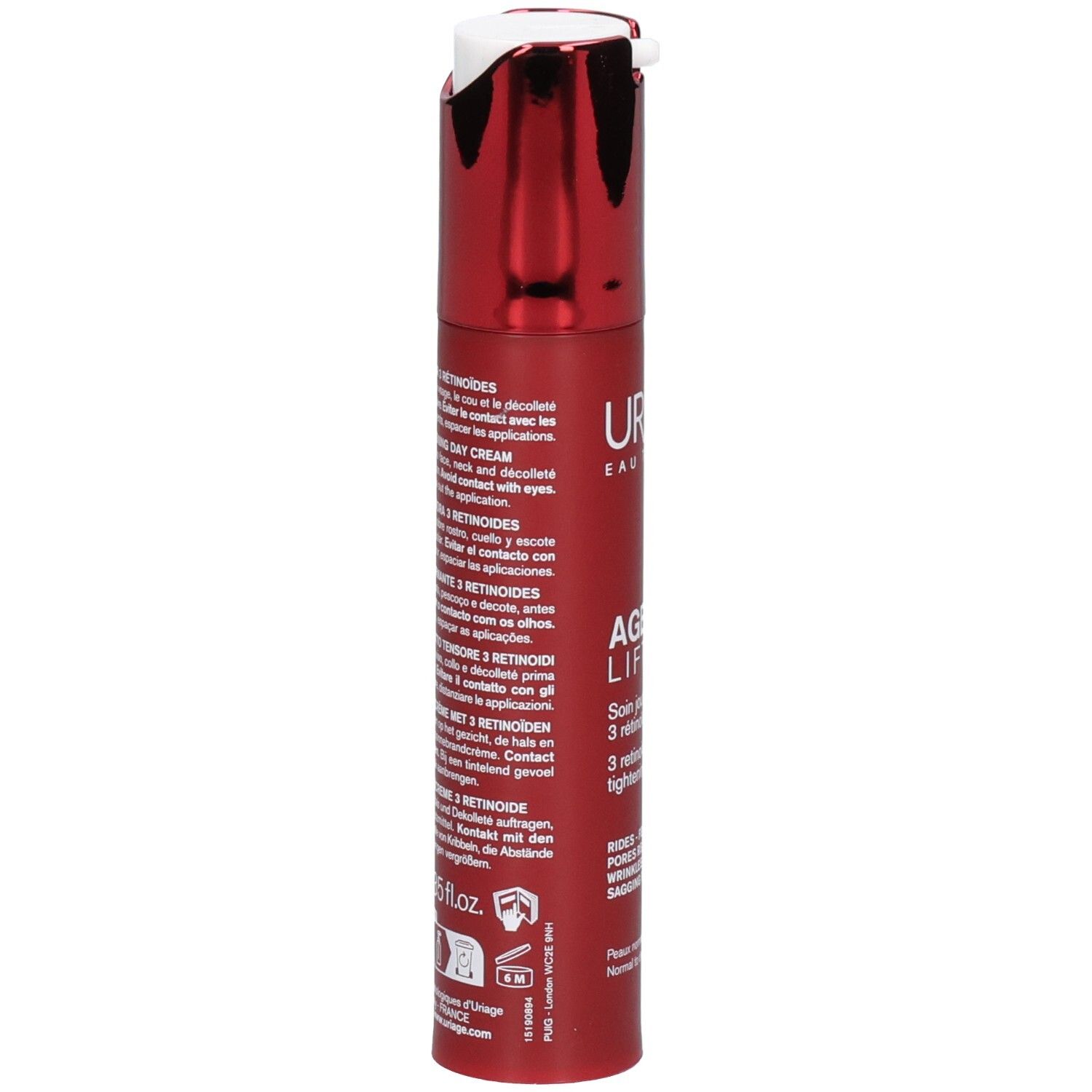 Bouteille rouge avec pompe argentée, dos avec texte. Uriage Age Lift R3 Crème Jour Tenseur.