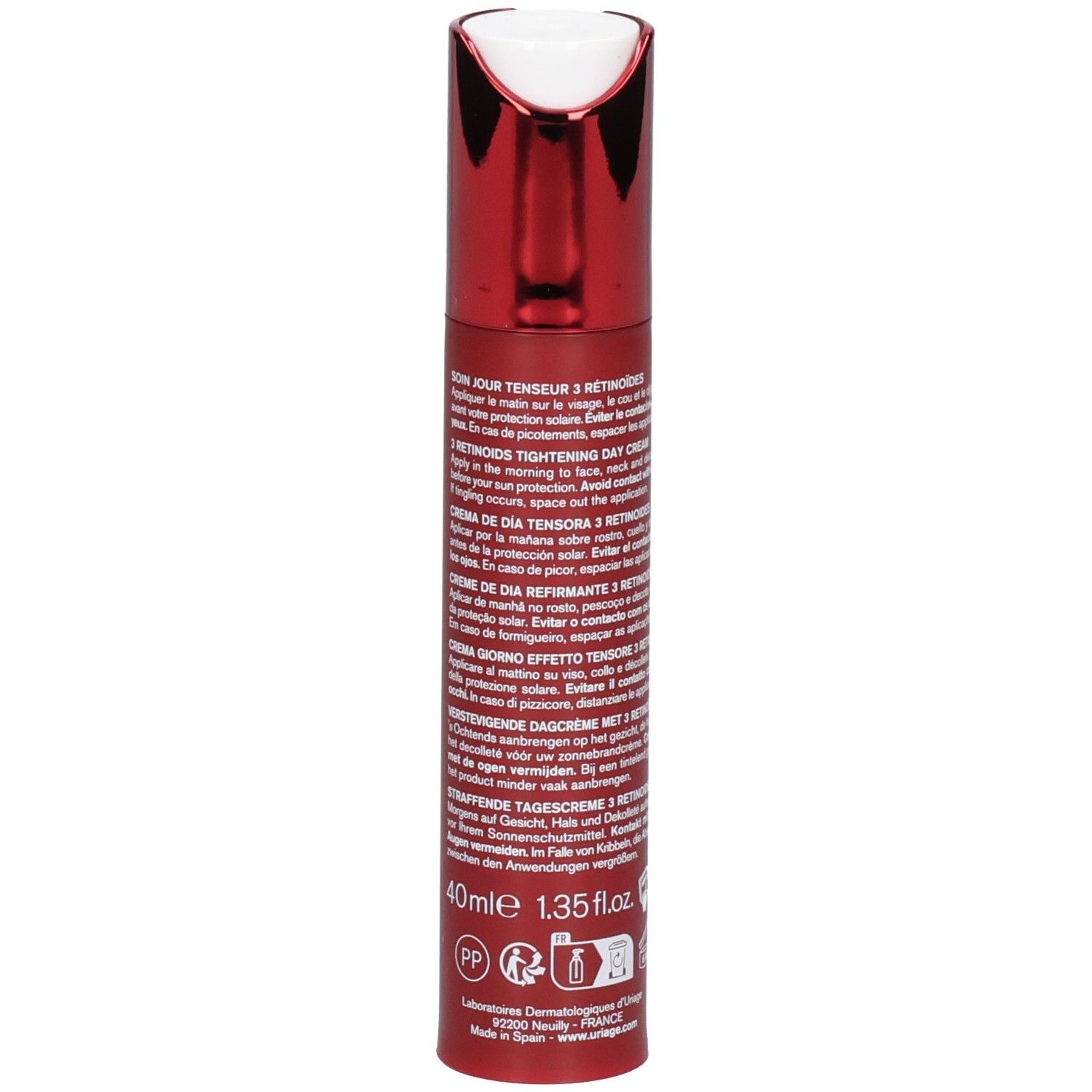 Bouteille rouge avec pompe argentée, base avec texte. Uriage Age Lift R3 Crème Jour Tenseur.