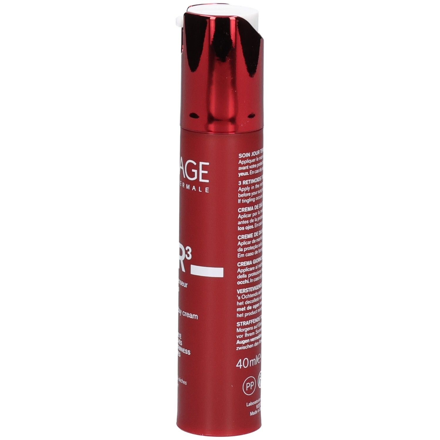 Bouteille rouge avec pompe argentée, vue latérale. Uriage Age Lift R3 Crème Jour Tenseur.