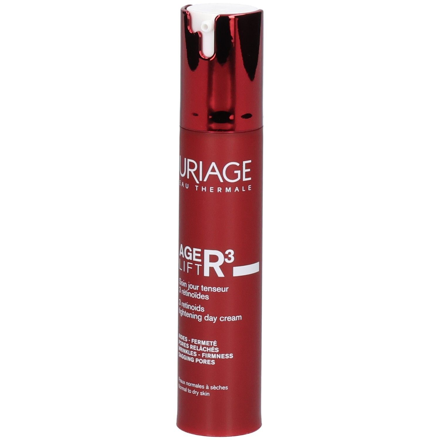 Bouteille rouge avec pompe argentée. Uriage Age Lift R3 Crème Jour Tenseur.