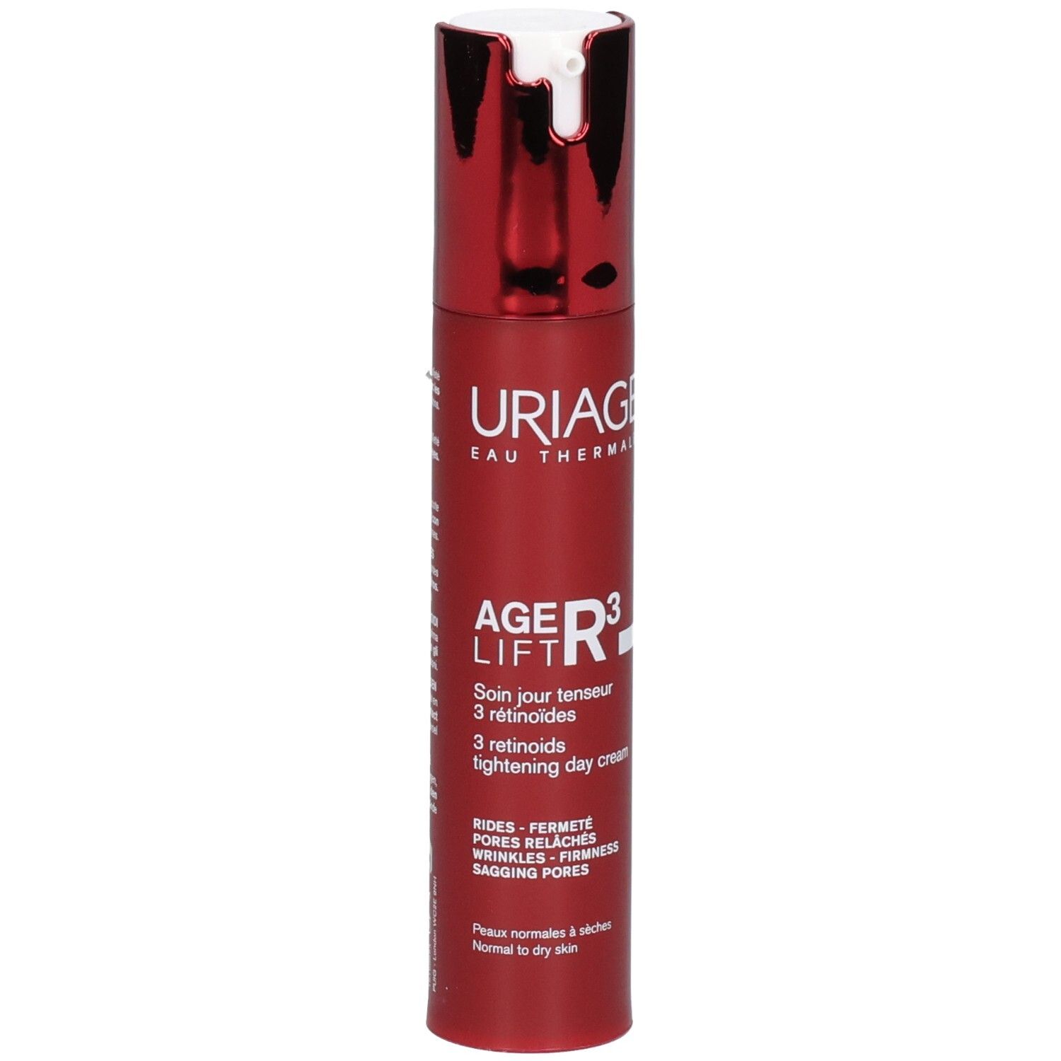 Bouteille rouge avec pompe argentée. Uriage Age Lift R3 Crème Jour Tenseur.