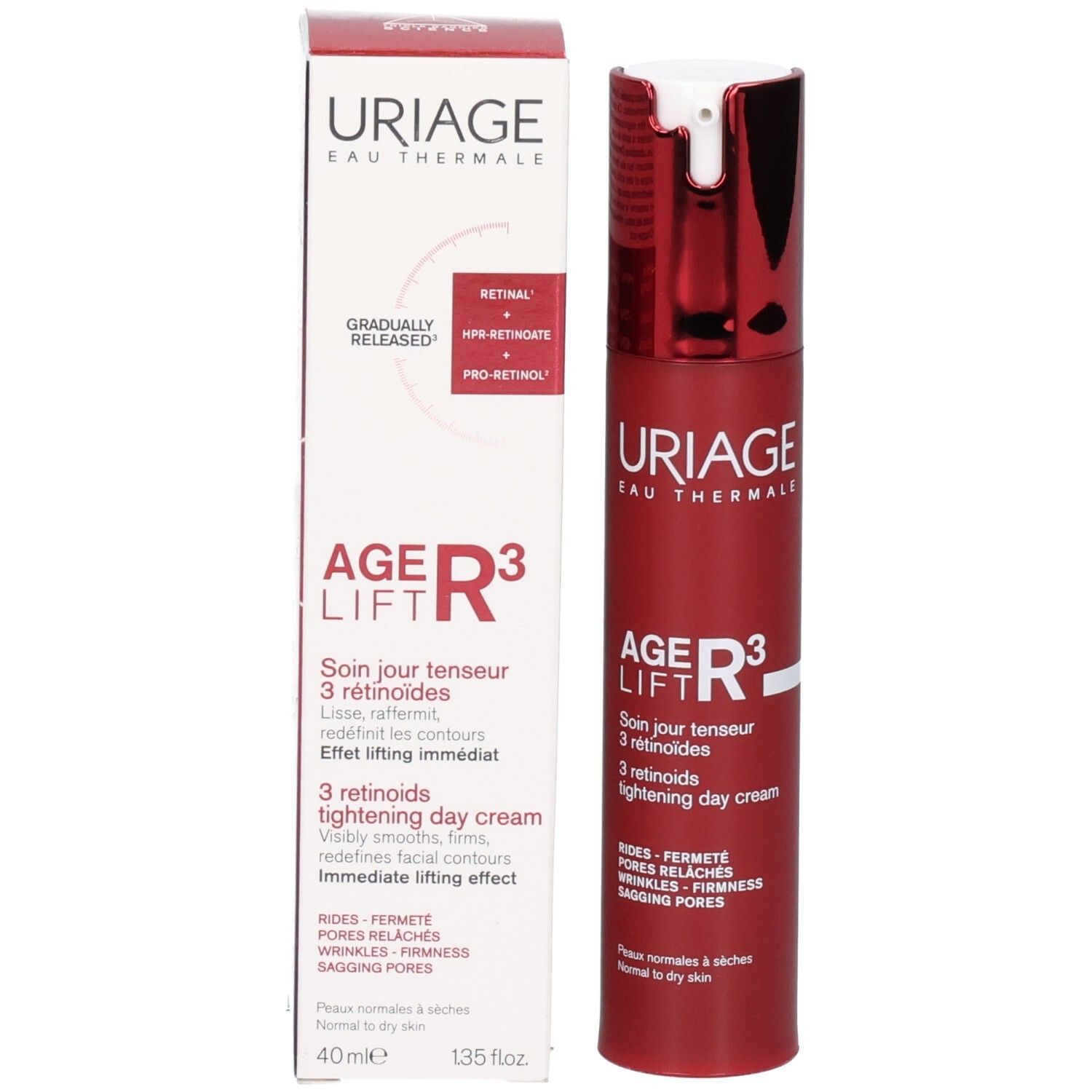 Bouteille et boîte Uriage Age Lift R3 Crème Jour Tenseur. Bouteille rouge, boîte blanche.