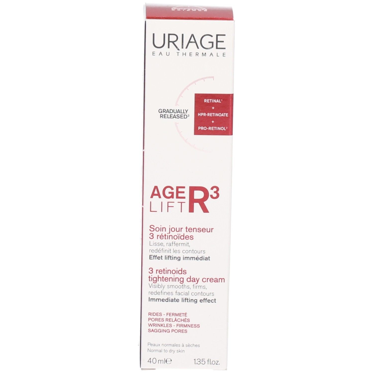 Bouteille et boîte Uriage Age Lift R3 Crème Jour Tenseur. Boîte blanche avec informations produit.