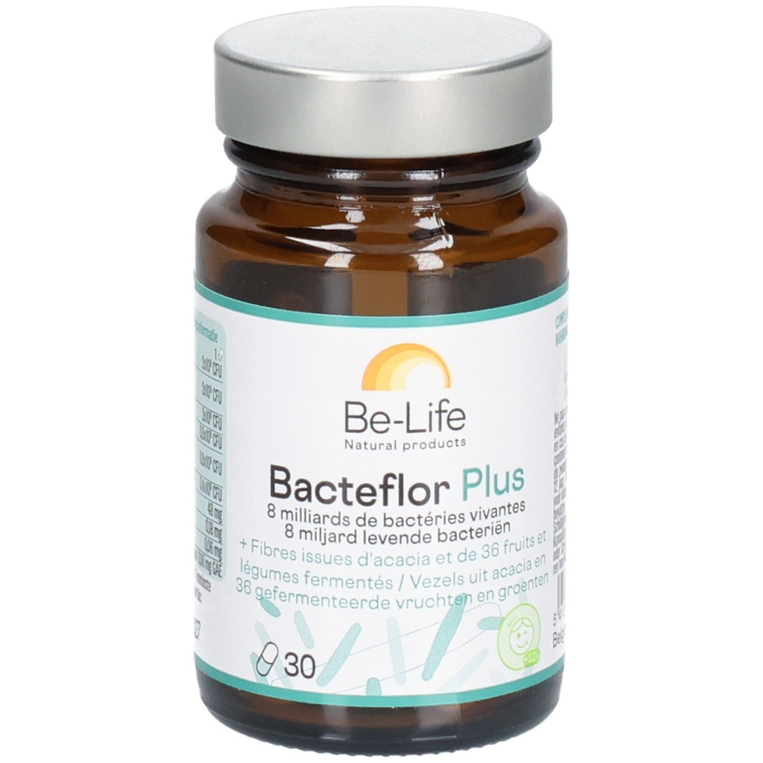 Bruine glazen fles met zilveren dop. Opschrift: Be-Life Bacteflor Plus, 30 capsules. Bevat levende bacteriën en vezels.