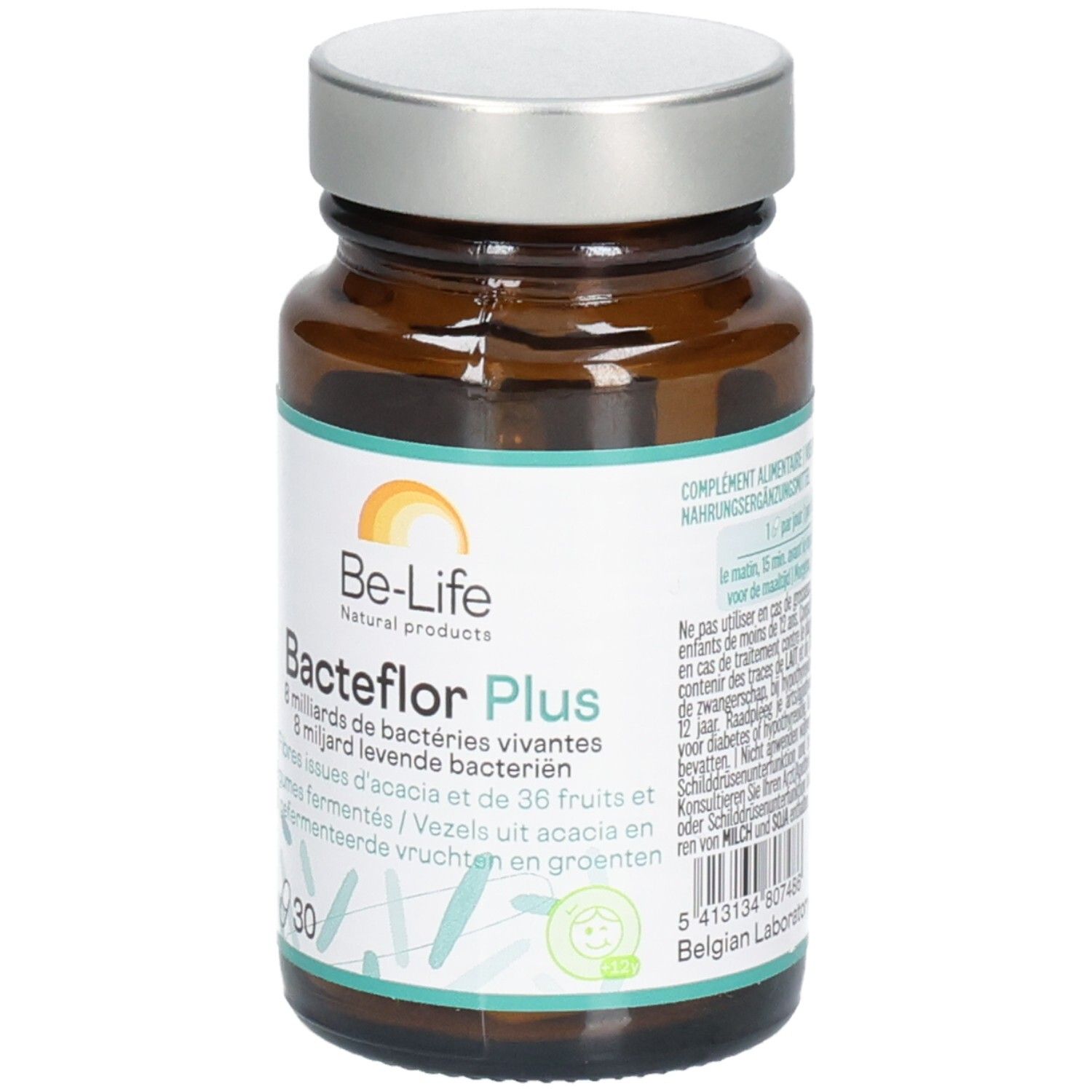 Bruine glazen fles met zilveren dop. Opschrift: Be-Life Bacteflor Plus, 30 capsules. Bevat levende bacteriën en vezels.