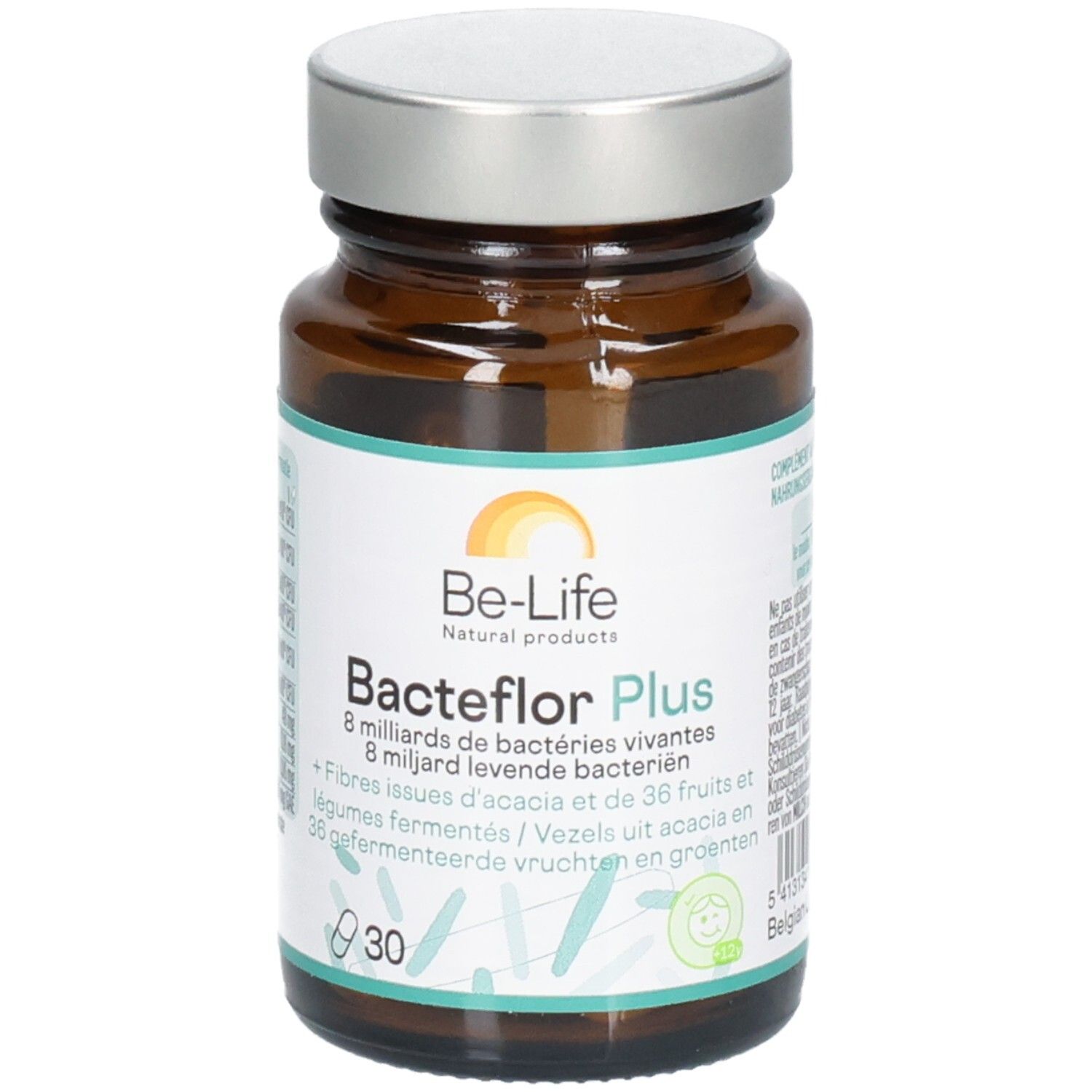 Bruine glazen fles met zilveren dop. Opschrift: Be-Life Bacteflor Plus, 30 capsules. Bevat levende bacteriën en vezels.
