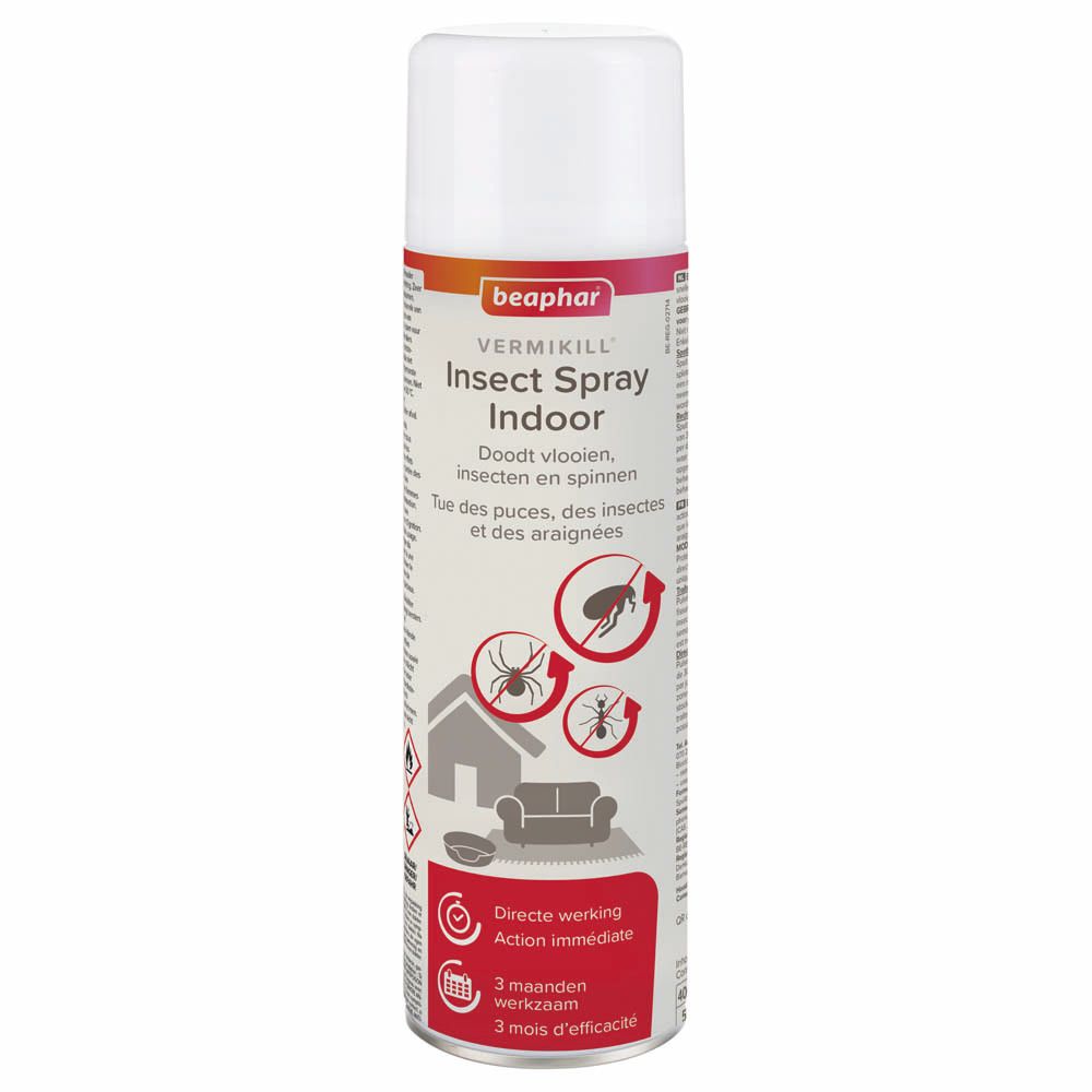 Beaphar Vermikill Insectenspray voor binnen. Doodt vlooien, insecten en spinnen. Met iconen van huis, bank en diverse insecten.