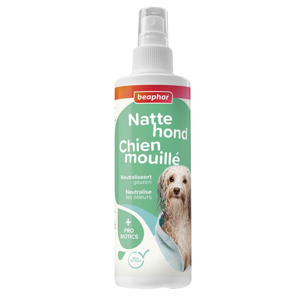 Witte spuitfles met Beaphar-logo en productnaam. Afbeelding van een hond. Tekst: Natte hond Chien mouillé.