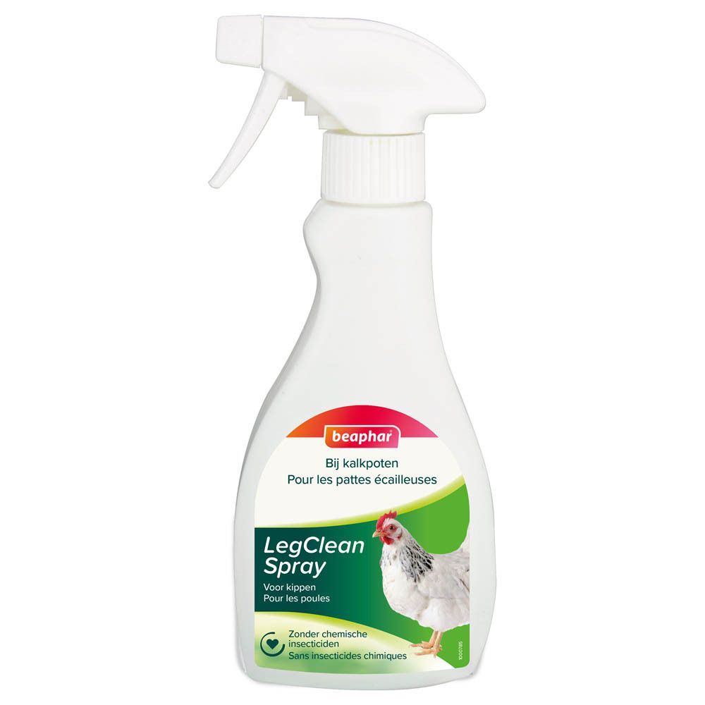 Flacon pulvérisateur blanc avec étiquette LegClean Spray. Logo Beaphar et image de poulet. Texte: Pour les pattes écailleuses.