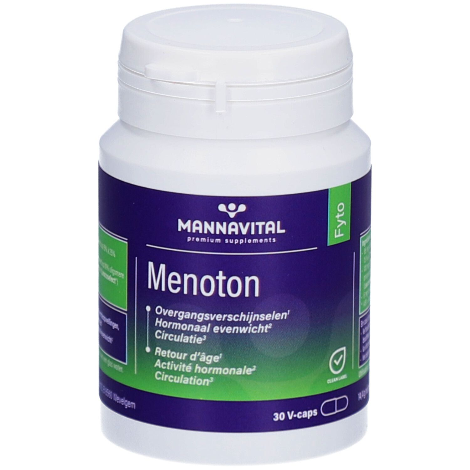 Witte fles met blauw etiket. Opschrift: Mannavital Menoton, 30 V-caps. Groen-wit etiket met ingrediënten. Dop met sluiting.
