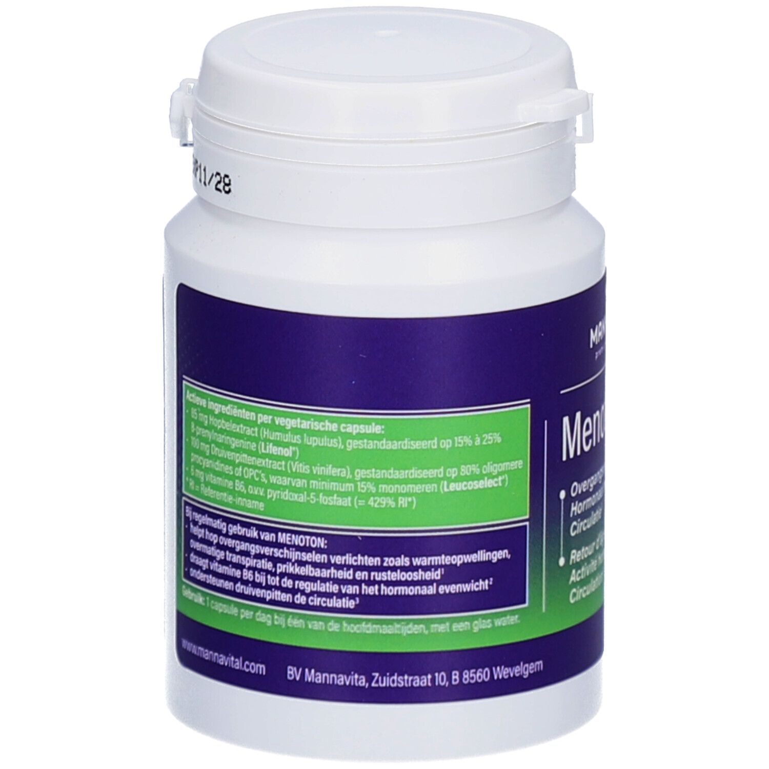 Achterkant van de witte fles. Blauw etiket met ingrediënten en tekst. Groen etiket met tekst. Witte dop.