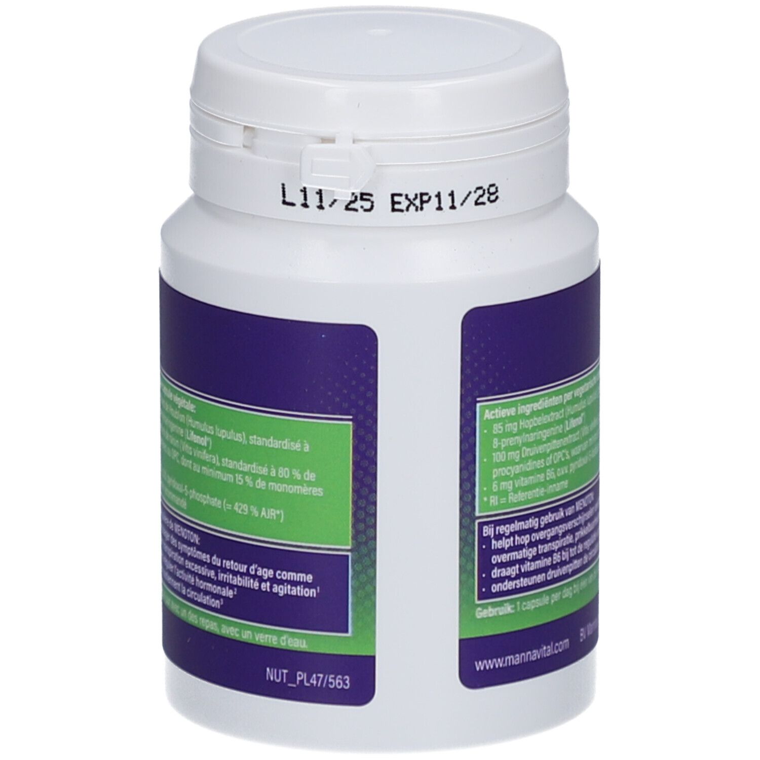 Achterkant van de witte fles. Blauw etiket met ingrediënten en tekst. Groen etiket met tekst. Witte dop met opdruk.