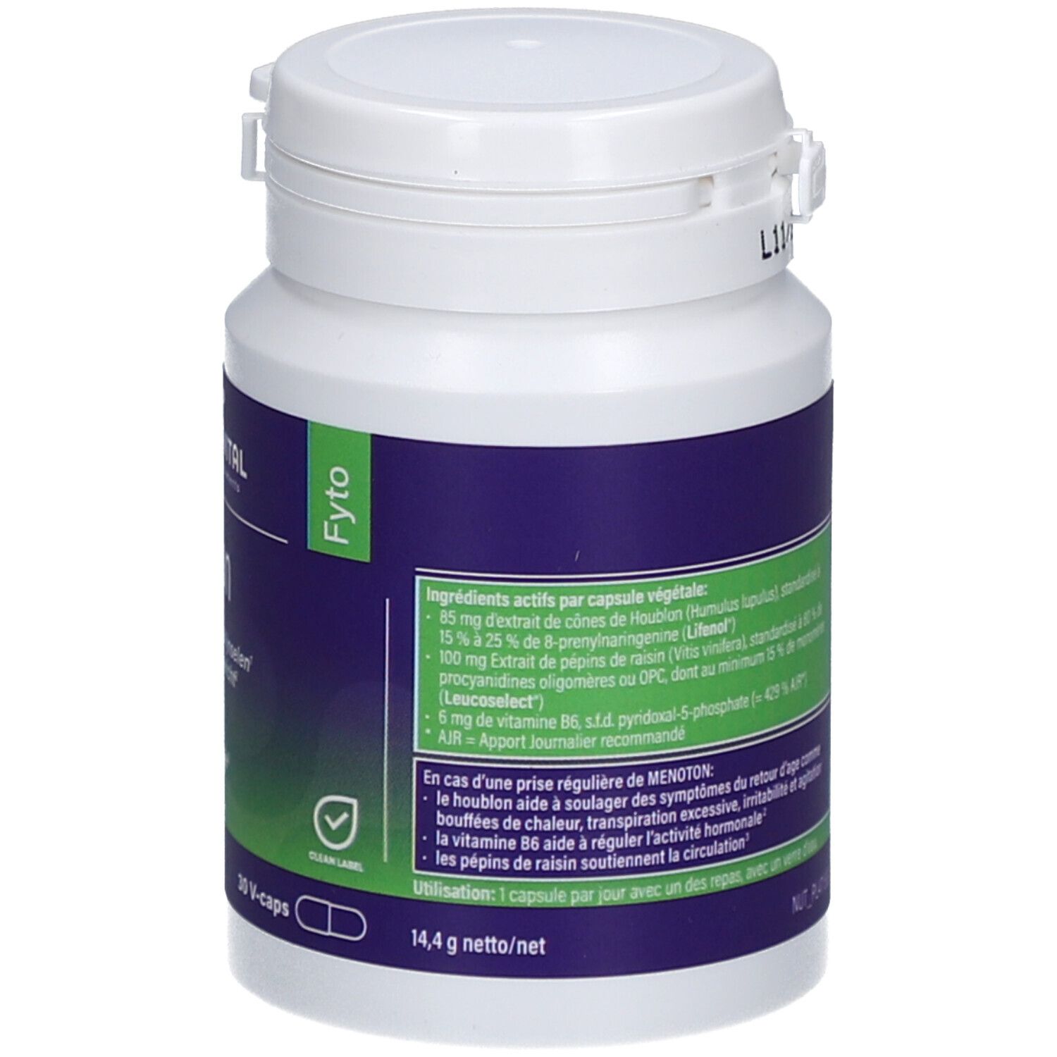 Witte fles met blauw etiket. Groen etiket met ingrediënten. Witte dop. Opschrift: Mannavital Menoton, 30 V-caps.