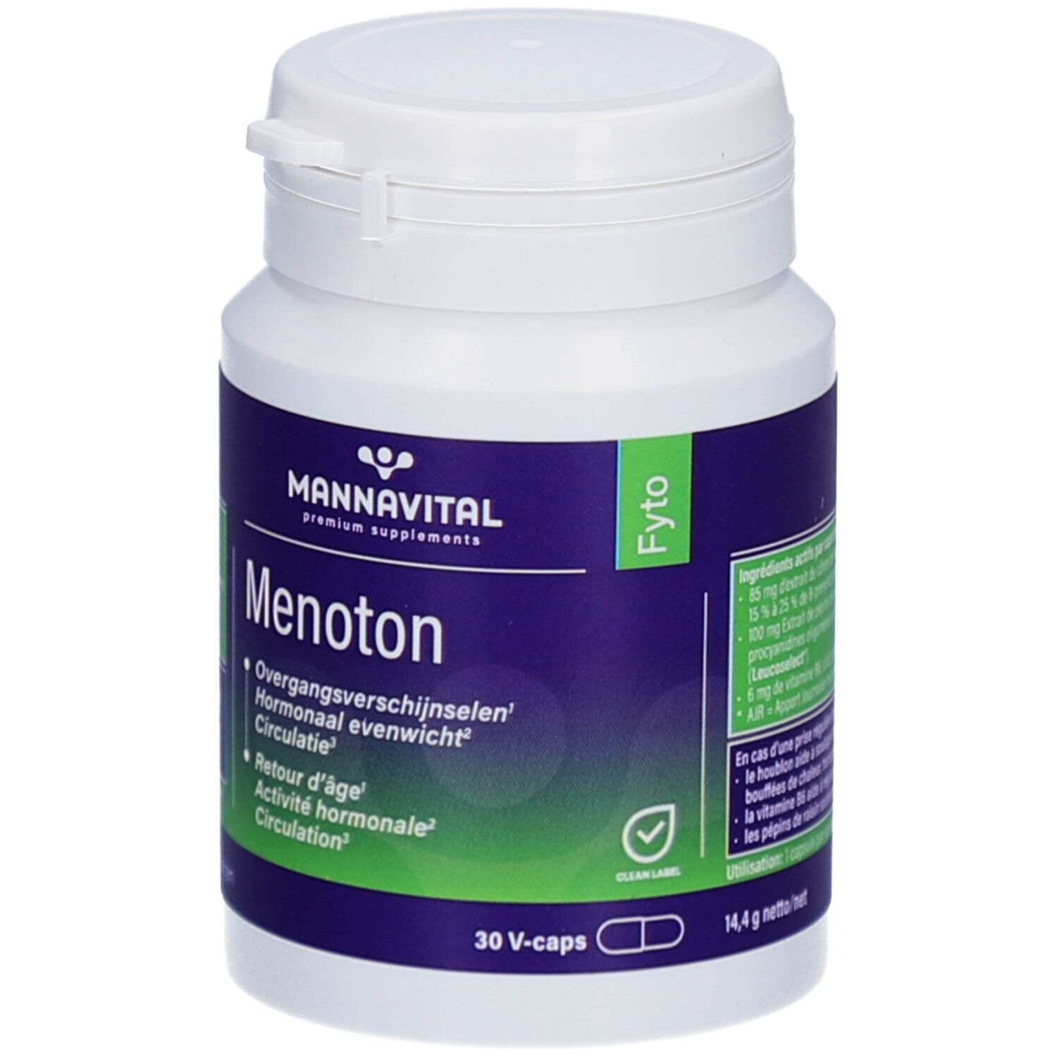 Witte fles met blauw etiket. Opschrift: Mannavital Menoton, 30 V-caps. Groen etiket met ingrediënten. Witte dop.