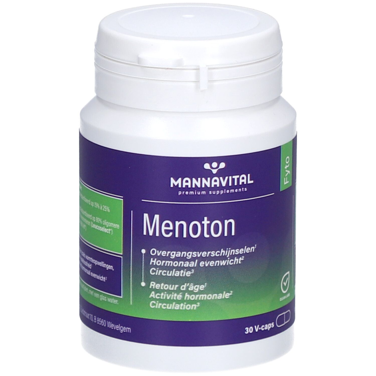 Witte fles met blauw etiket. Opschrift: Mannavital Menoton, 30 V-caps. Groen etiket met ingrediënten. Witte dop.