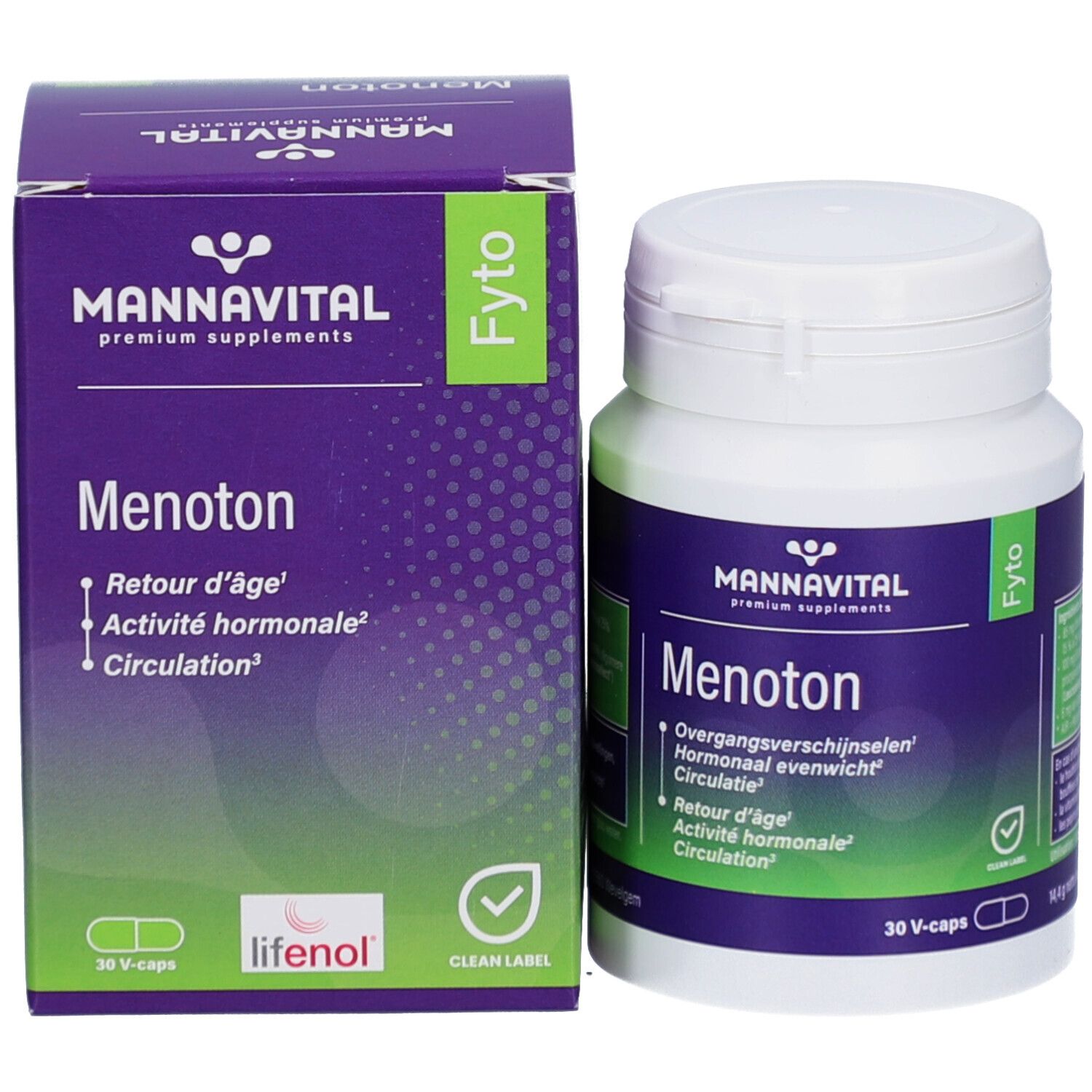 Productverpakking met fles en doos. Fles: wit, blauw etiket, 30 V-caps. Doos: blauw, opschrift Menoton.