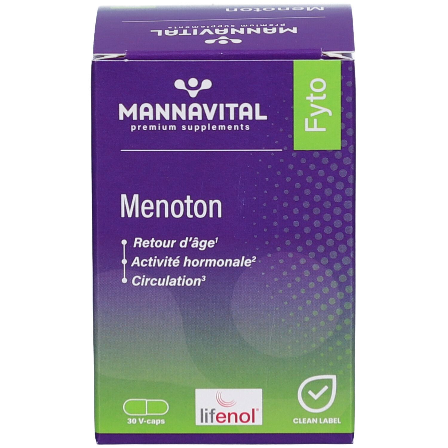 Kartonnen verpakking. Blauw, opschrift: Mannavital Menoton, 30 V-caps. Groen etiket. V-caps symbool.