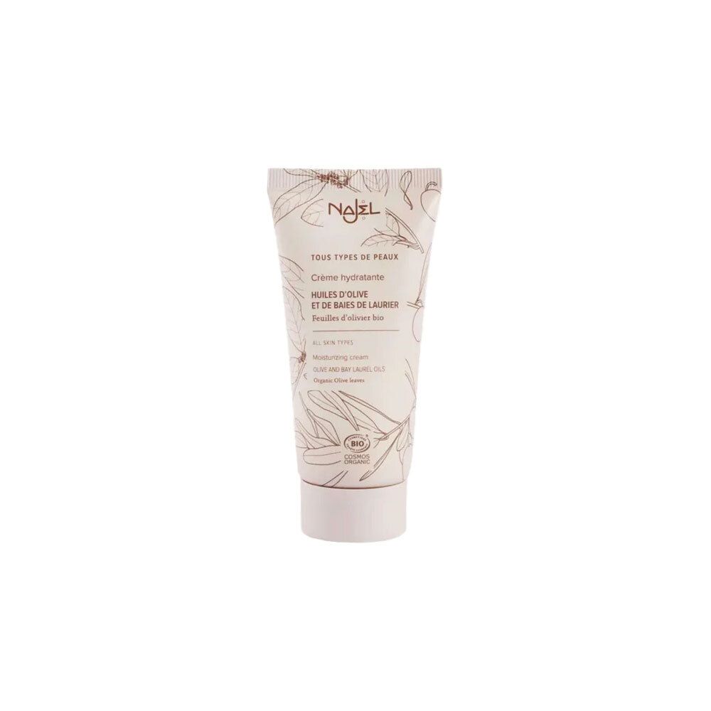 Crèmetube Najel, Crème hydratante, voor alle huidtypen. Bevat olijf- en lavendelolie. Bio-label.