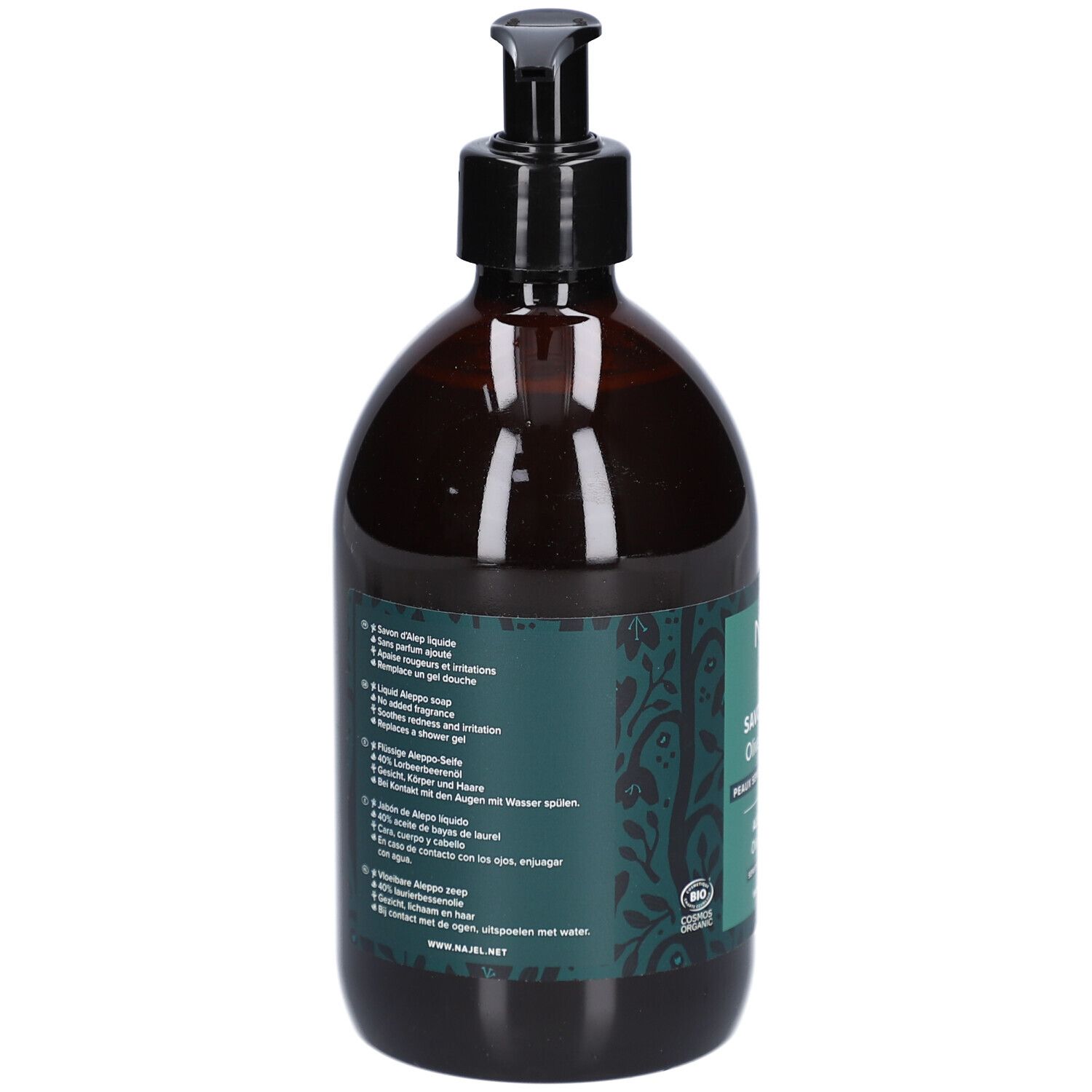 Dos d'un flacon brun avec pompe noire. Texte multilingue. Étiquette verte avec motif floral.