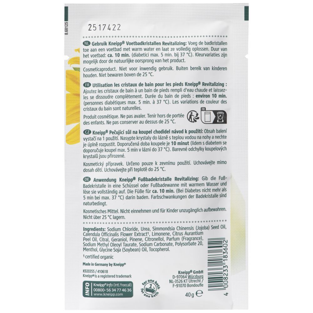 Dos Kneipp Cristaux de bain pour les pieds Revitalizing: Ingrédients, instructions d'utilisation et certification.