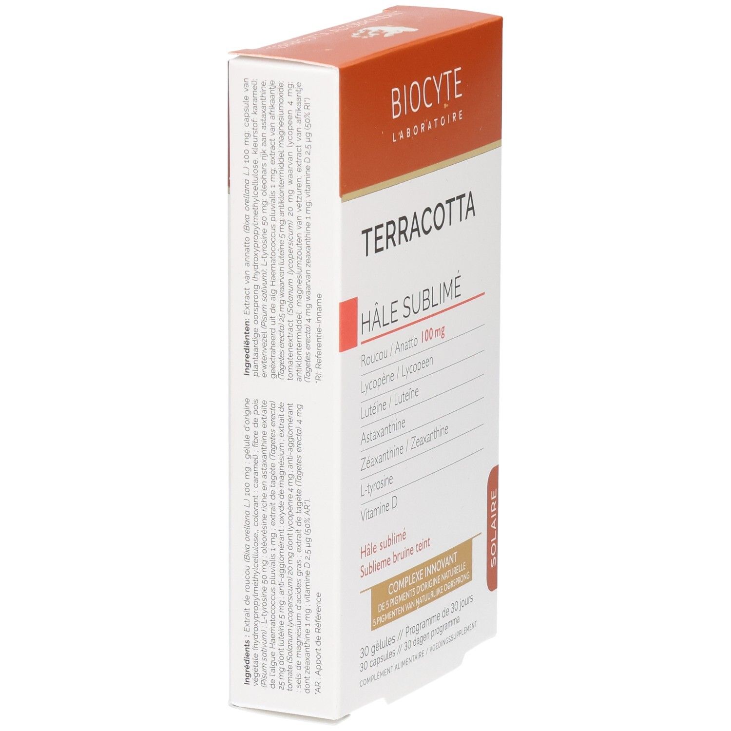 Boîte Biocyte Terracotta Hâle Sublimé. Ingrédients et nom du produit imprimés. Boîte blanche et orange.