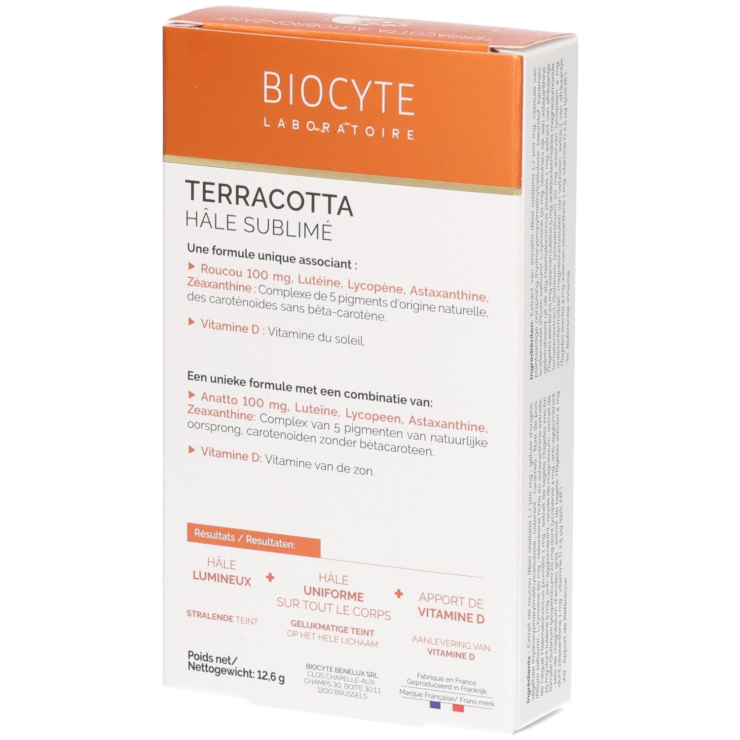 Boîte Biocyte Terracotta Hâle Sublimé. Ingrédients et nom du produit imprimés. Boîte blanche et orange.