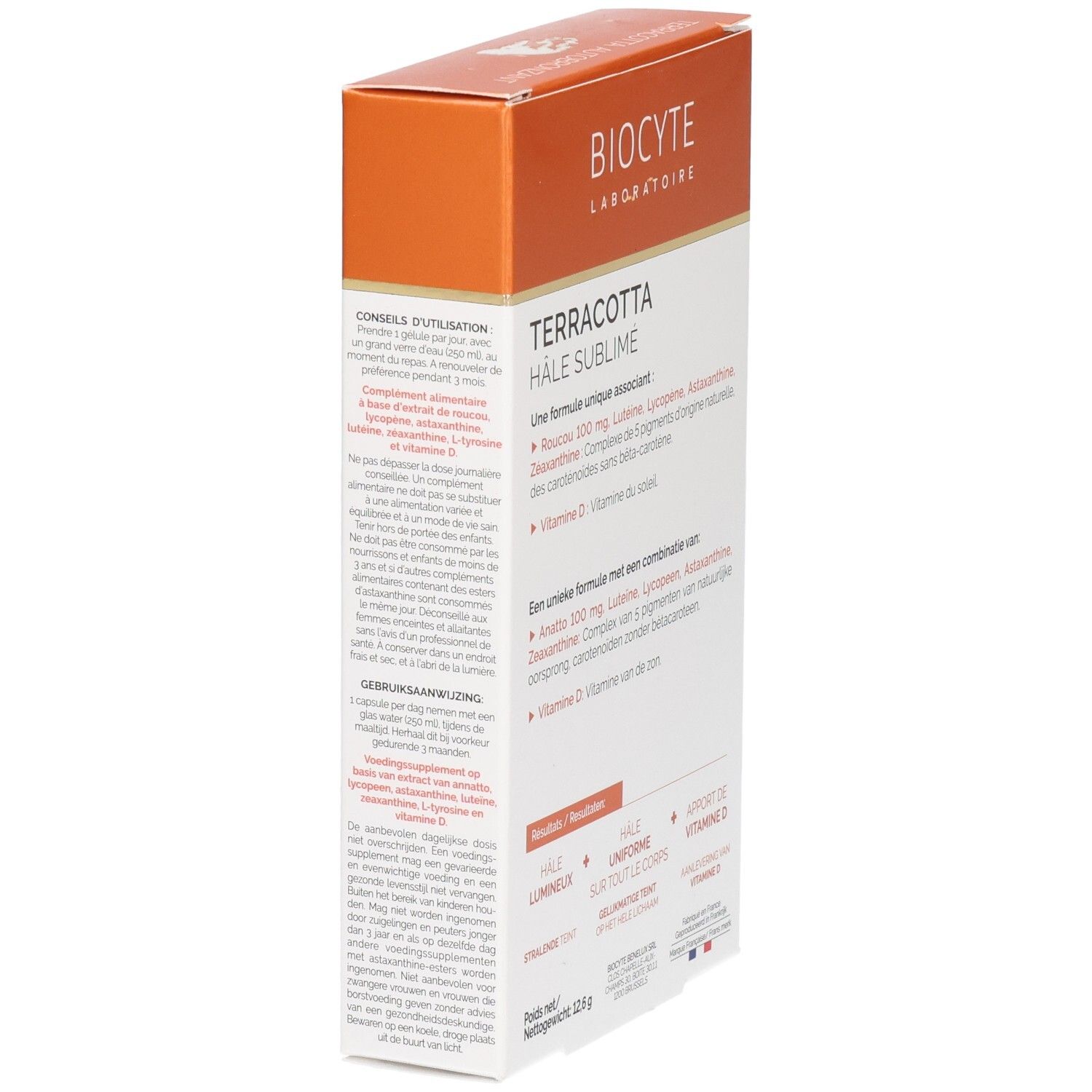 Boîte Biocyte Terracotta Hâle Sublimé. Ingrédients et nom du produit imprimés. Boîte blanche et orange.