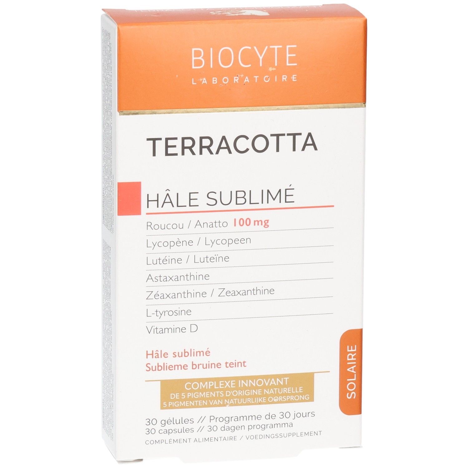 Boîte Biocyte Terracotta Hâle Sublimé. Ingrédients et nom du produit imprimés. Boîte blanche et orange.