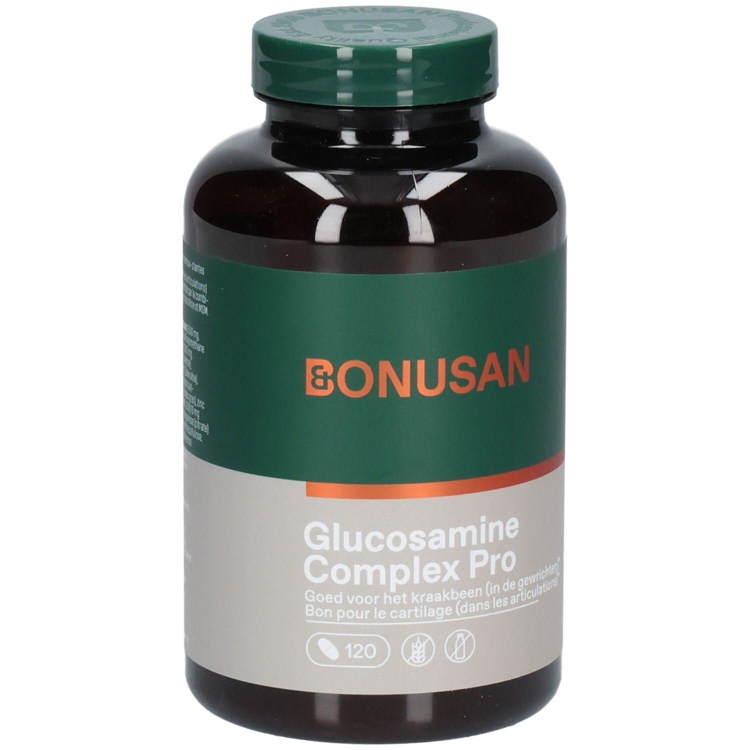 Bruine fles met groen etiket. Opschrift: Bonusan Glucosamine Complex Pro. 120 tabletten.