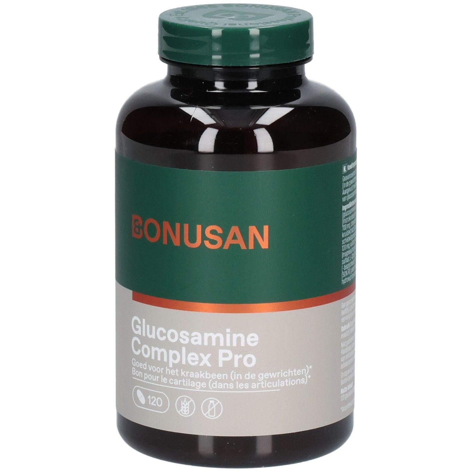 Bruine fles met groen etiket. Opschrift: Bonusan Glucosamine Complex Pro. 120 tabletten.