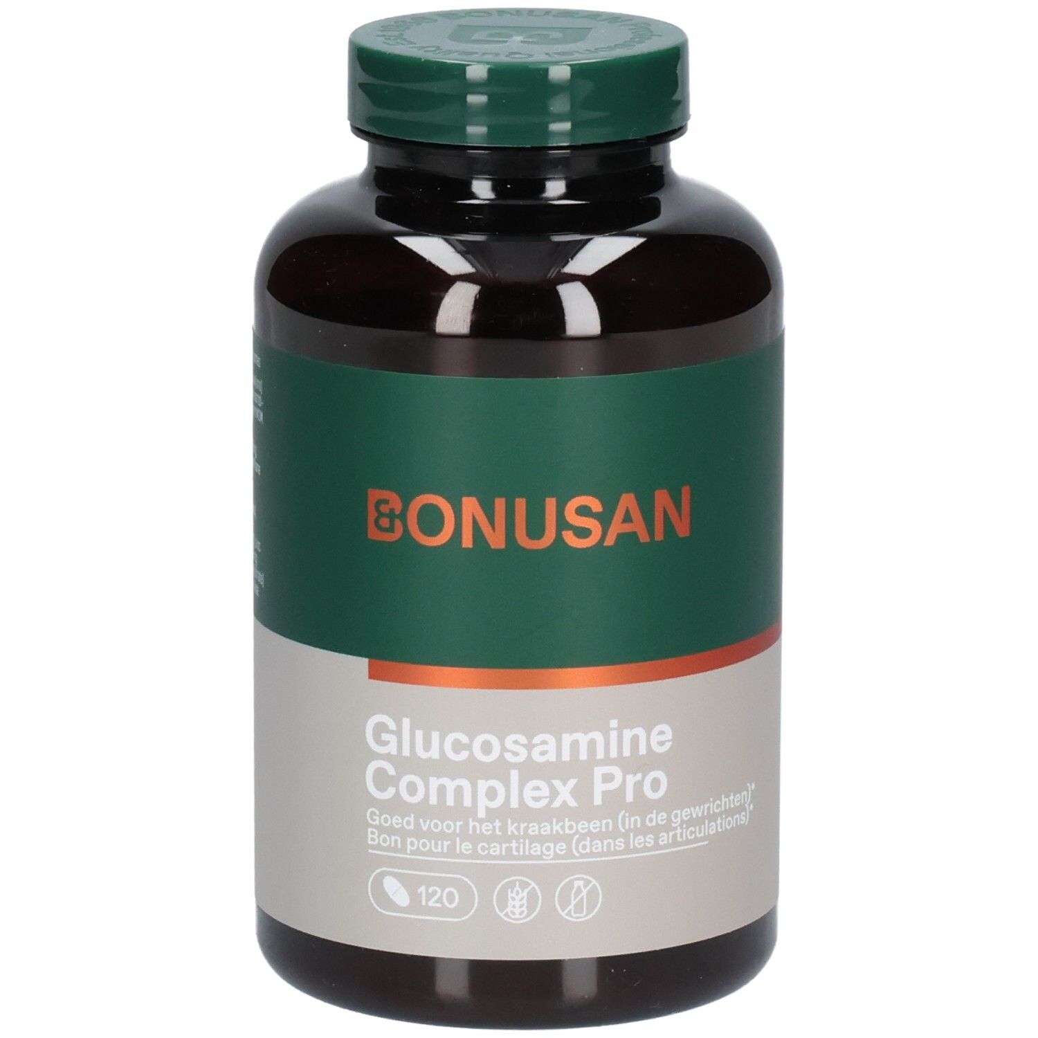 Bruine fles met groen etiket. Opschrift: Bonusan Glucosamine Complex Pro. 120 tabletten.