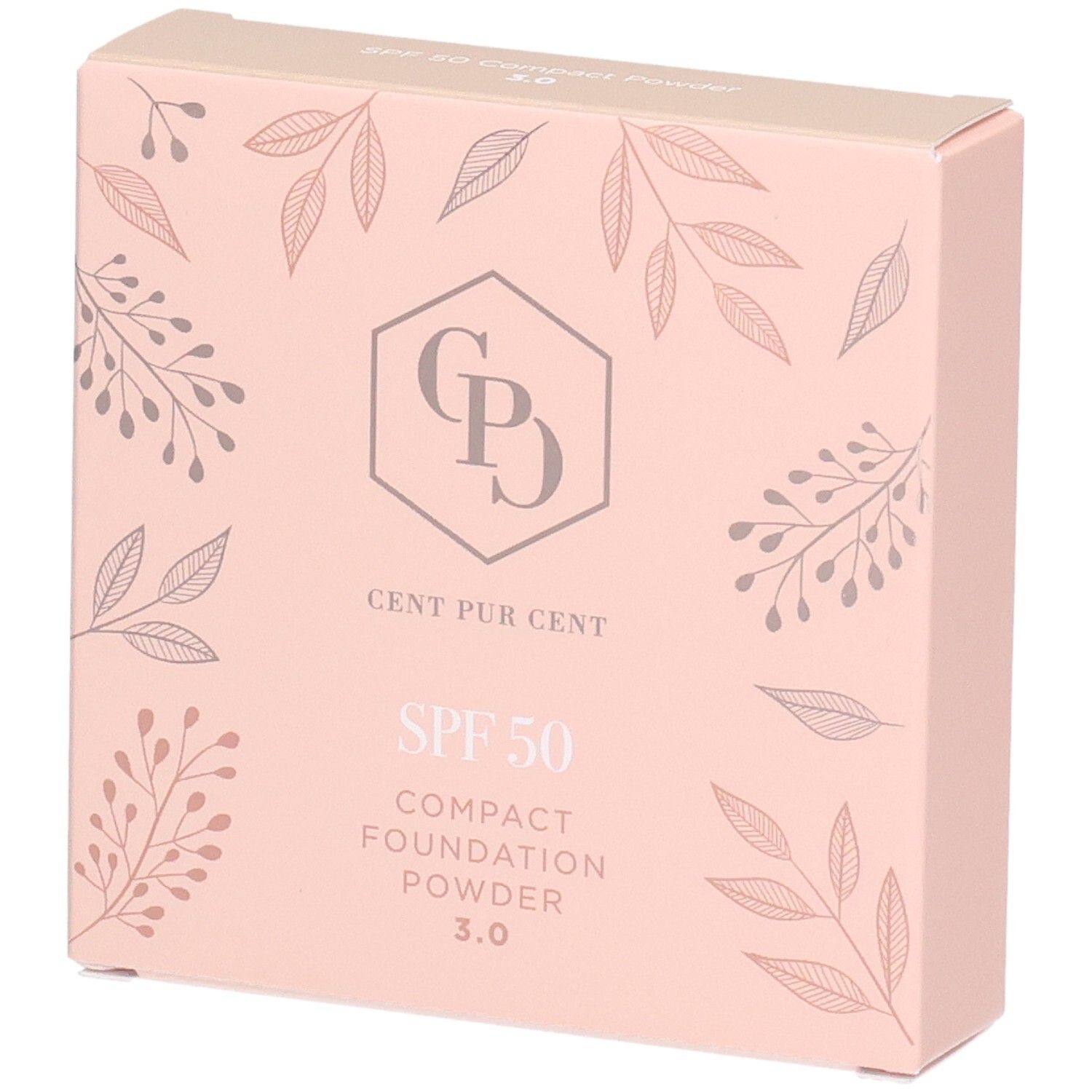 Cent Pur Cent Compact Foundation Poeder SPF 50, kleur 3.0, in roze verpakking met bladerenprint.