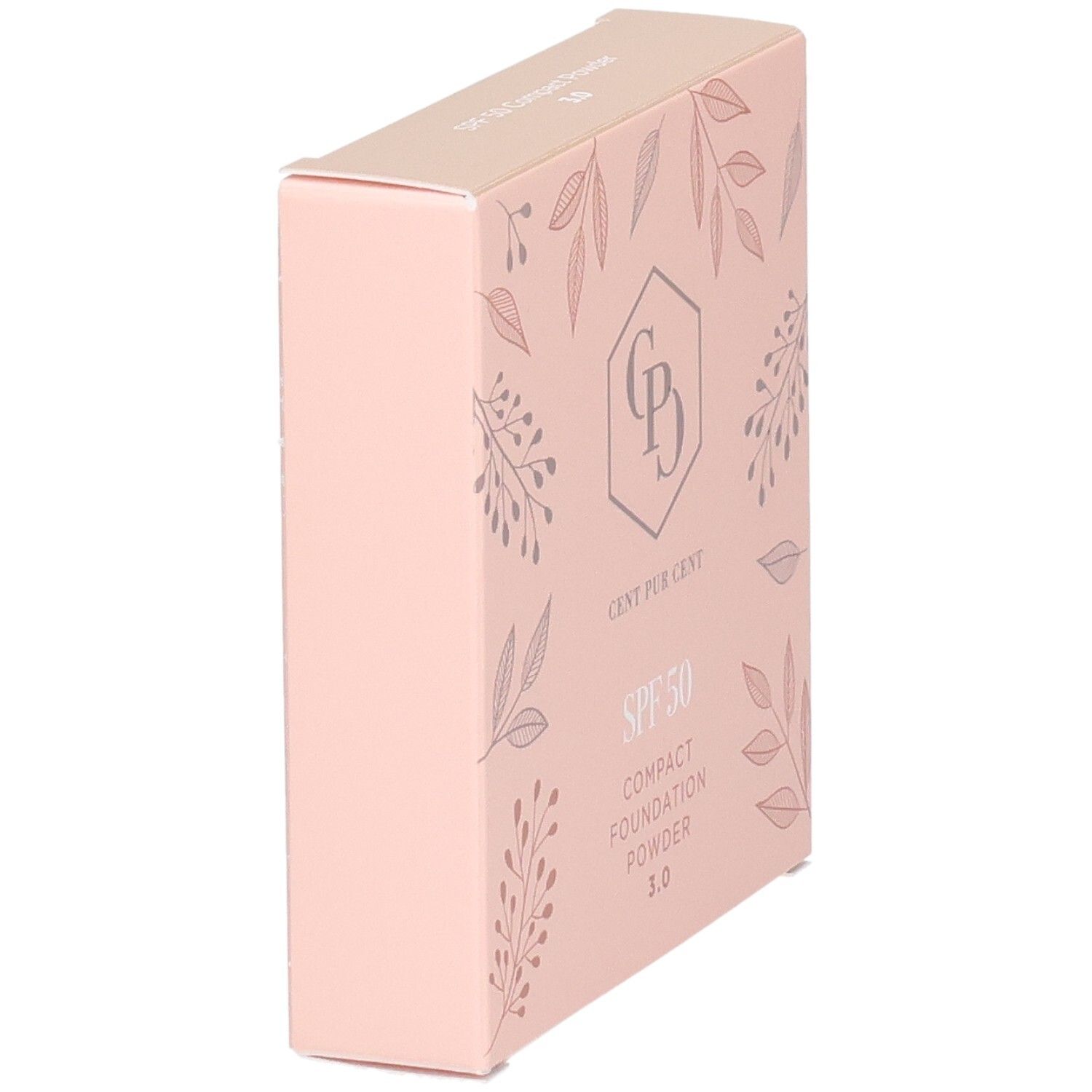Zijaanzicht van de roze verpakking van Cent Pur Cent Compact Foundation Poeder SPF 50, kleur 3.0.