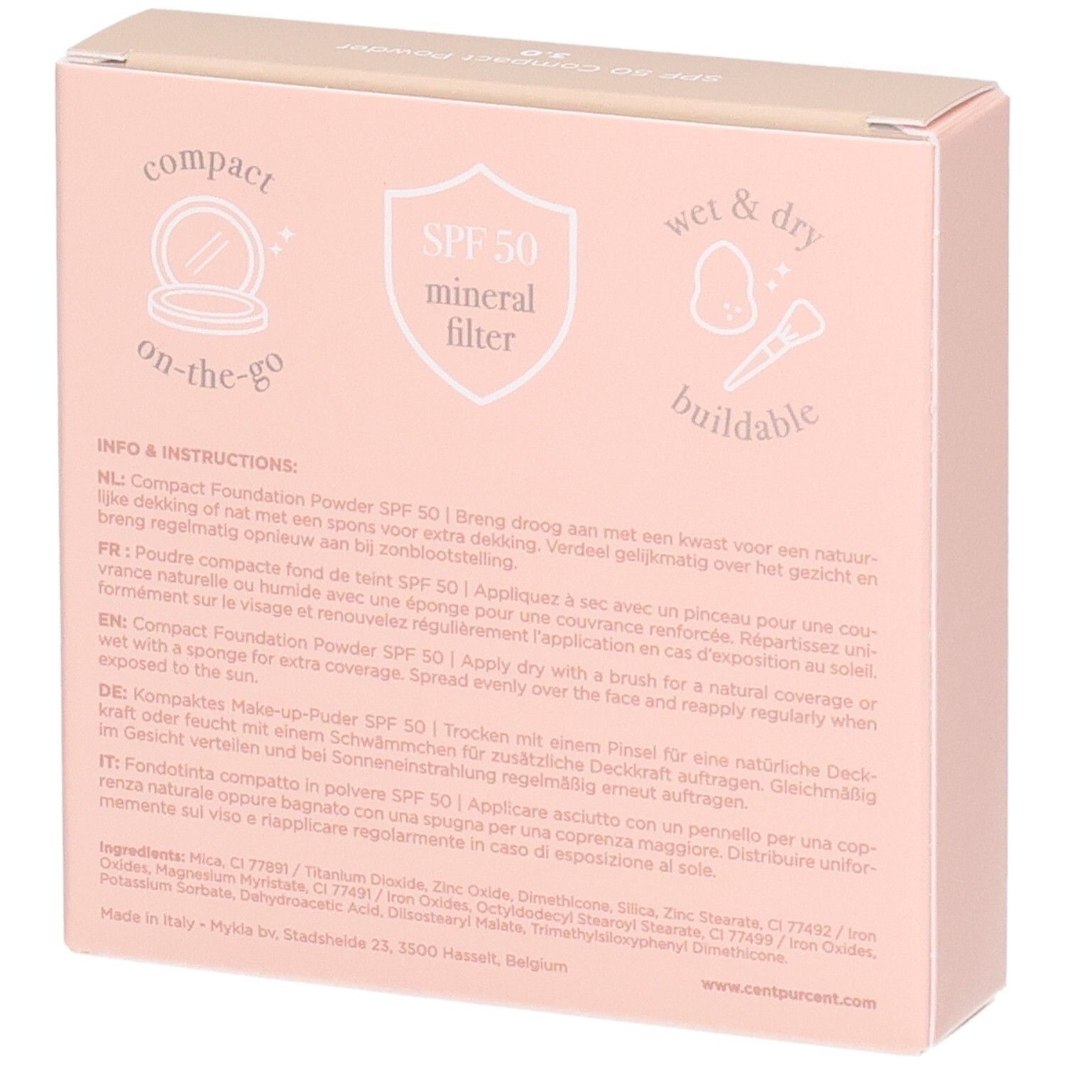 Achterkant van de verpakking van Cent Pur Cent Compact Foundation Poeder SPF 50 met instructies en iconen.