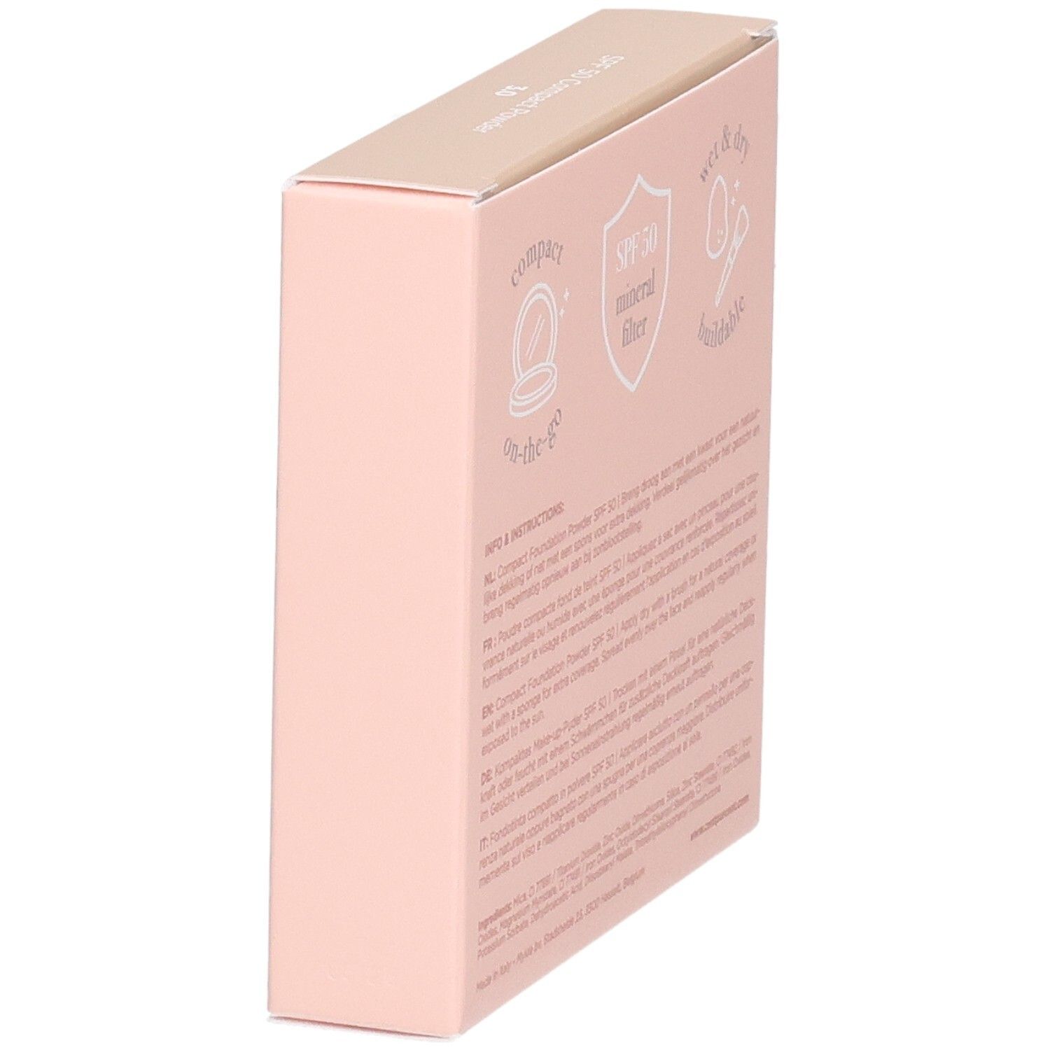 Zijaanzicht van de roze verpakking van Cent Pur Cent Compact Foundation Poeder SPF 50, kleur 3.0.