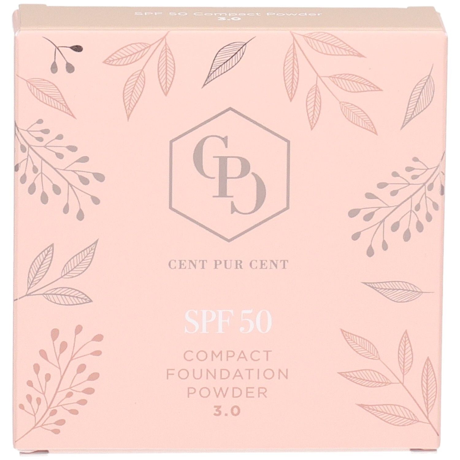 Cent Pur Cent Compact Foundation Poeder SPF 50, kleur 3.0, in roze verpakking met bladerenprint.