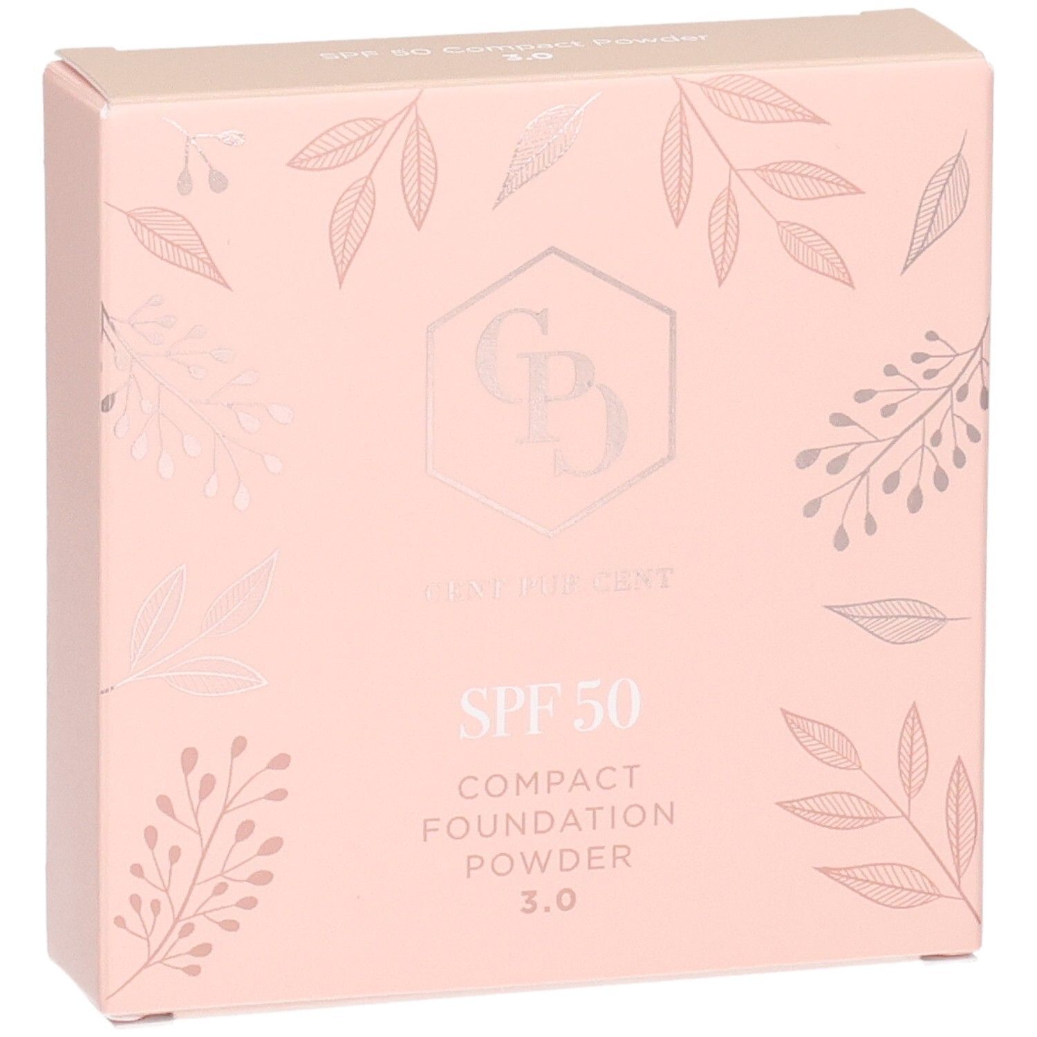 Voorkant van de roze verpakking van Cent Pur Cent Compact Foundation Poeder SPF 50, kleur 3.0.