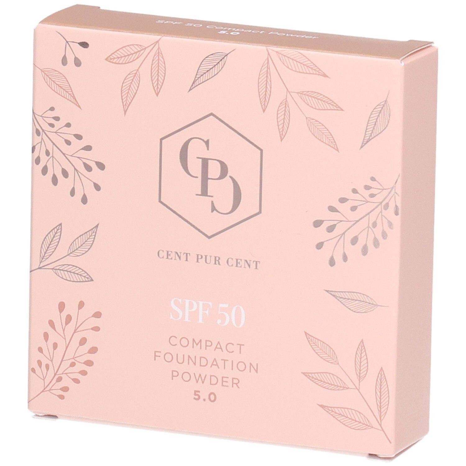 Cent Pur Cent Compact Foundation Poeder SPF 50, lichtroze verpakking met bladerpatroon.