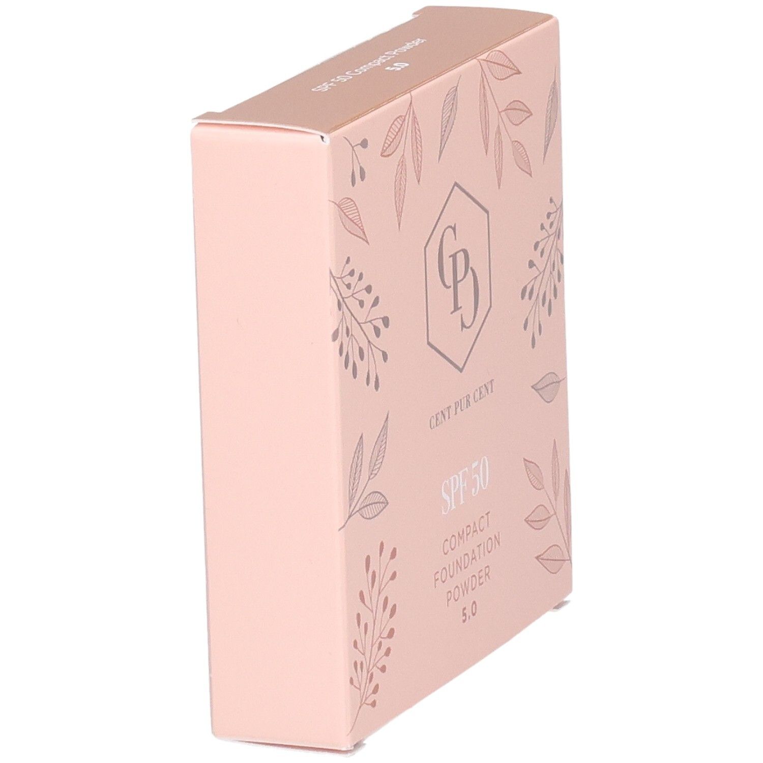 Cent Pur Cent Compact Foundation Poeder SPF 50, zijaanzicht van de lichtroze verpakking.