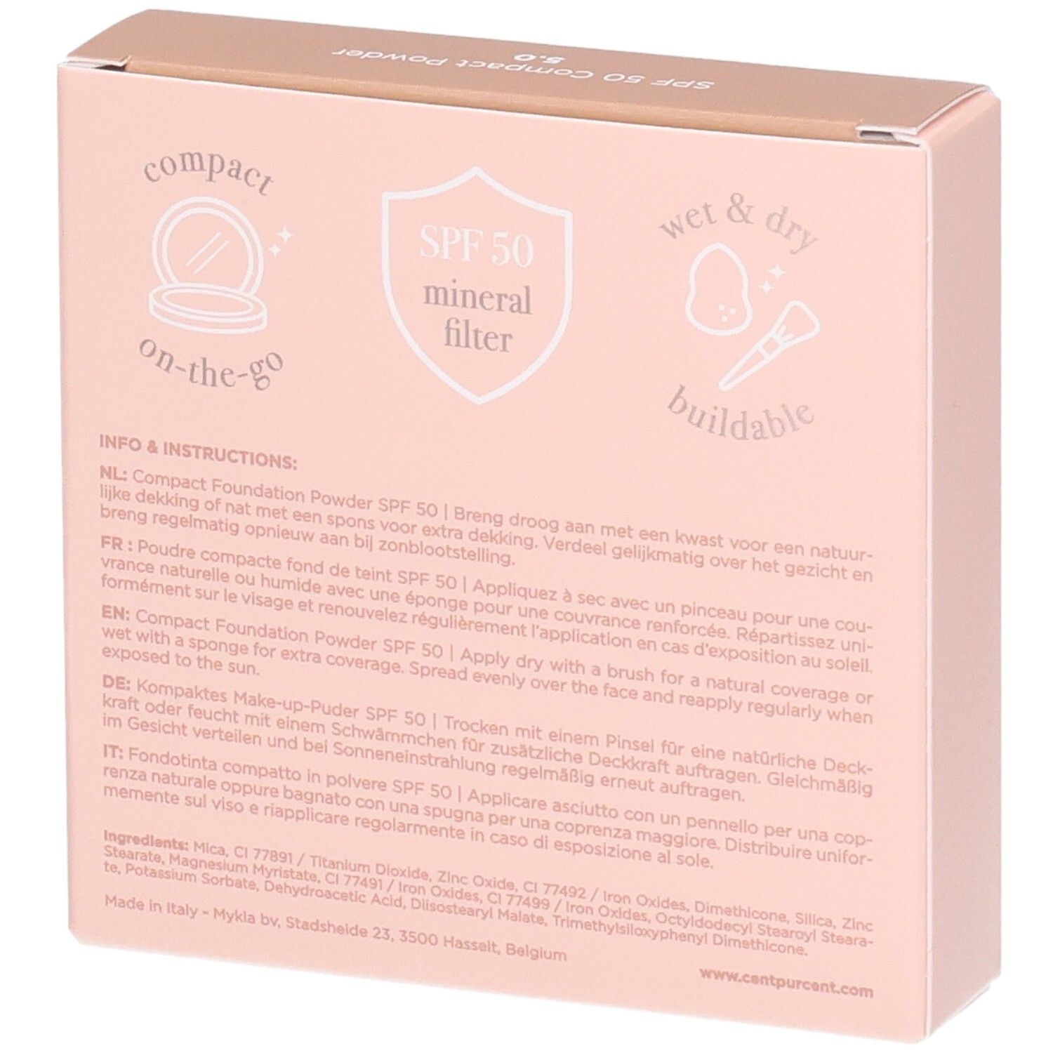 Achterkant van de Cent Pur Cent Compact Foundation Poeder SPF 50 verpakking met instructies.