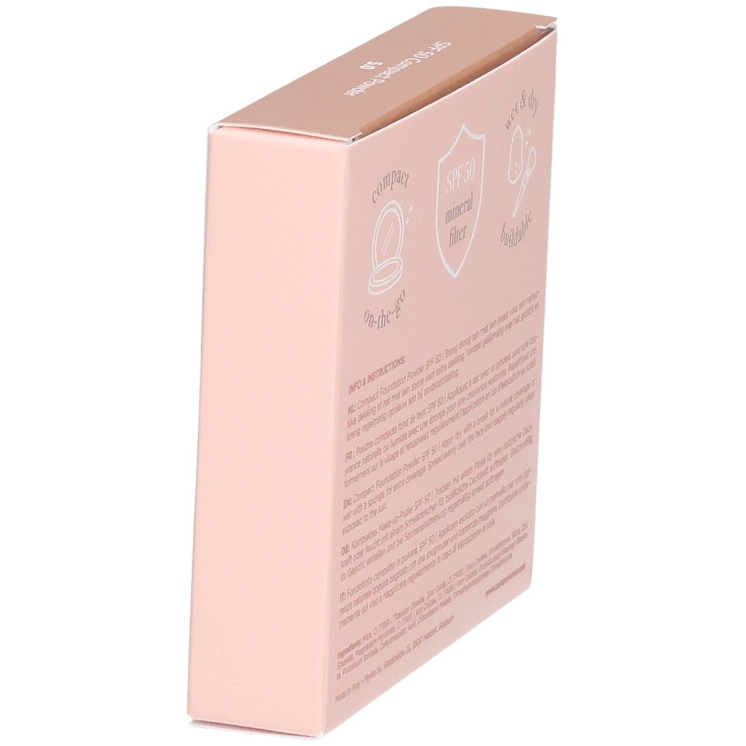 Cent Pur Cent Compact Foundation Poeder SPF 50, zijaanzicht van de lichtroze verpakking met tekst.