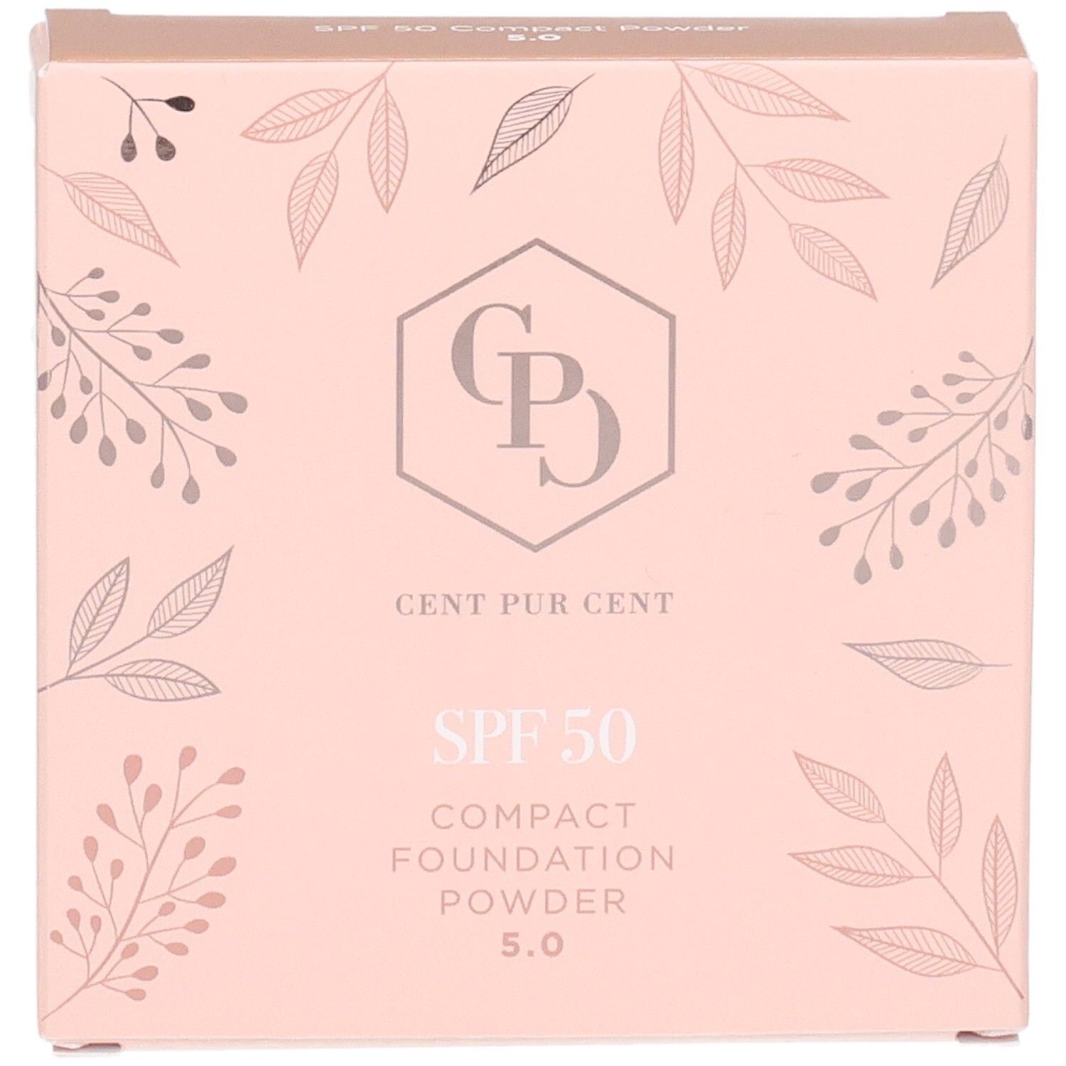 Cent Pur Cent Compact Foundation Poeder SPF 50, lichtroze verpakking met bladerpatroon en logo.