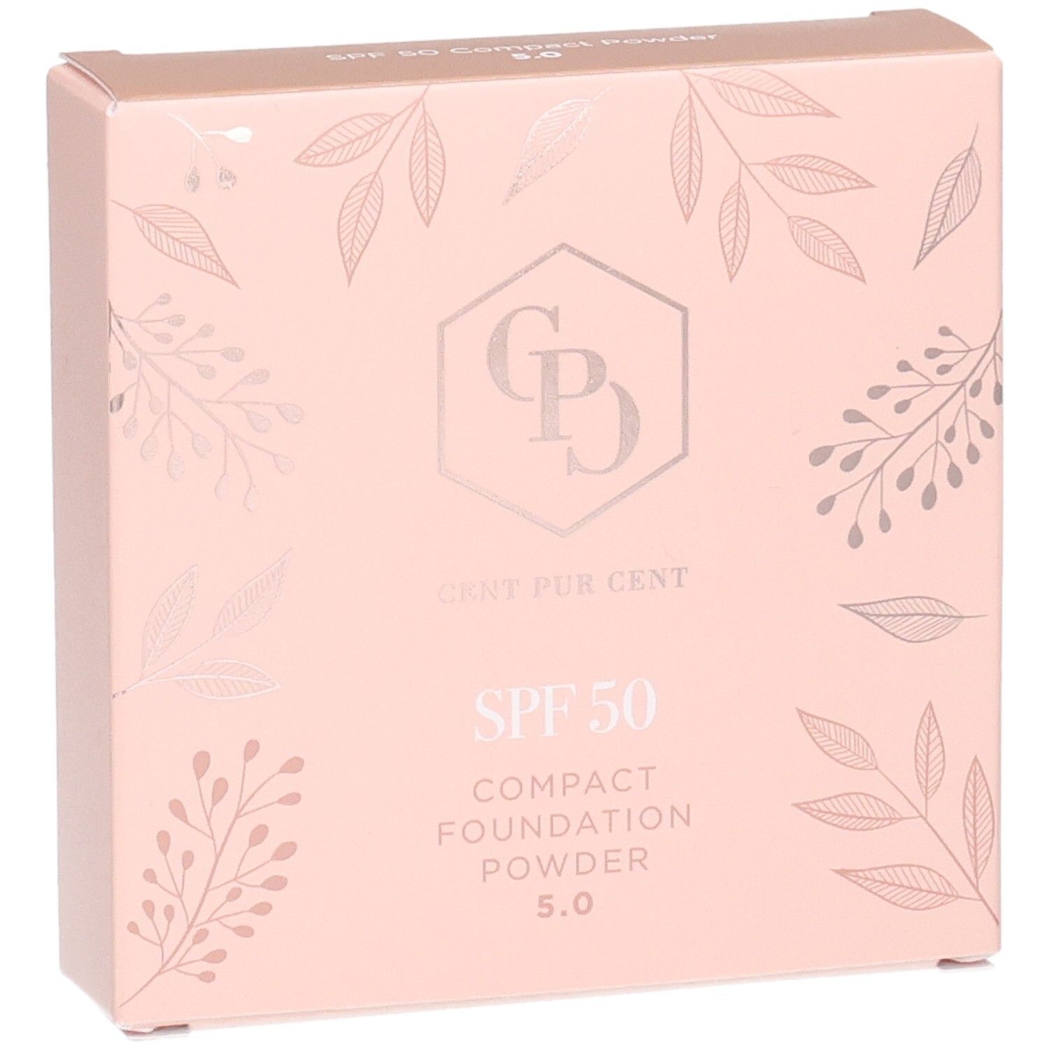 Cent Pur Cent Compact Foundation Poeder SPF 50, lichtroze verpakking met bladerpatroon en logo.