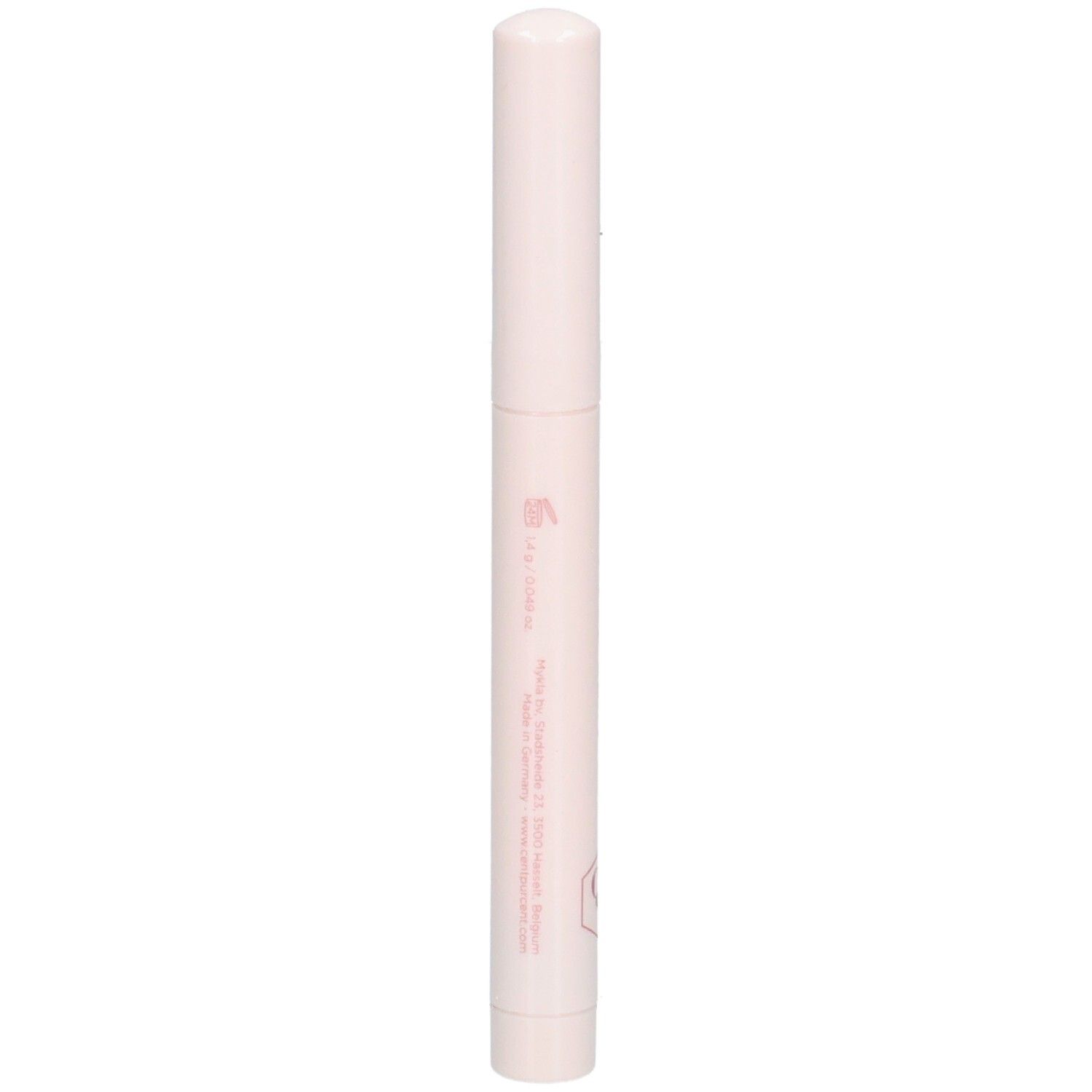 Lichtroze stick met witte dop. Roze opschriften. Productinformatie.